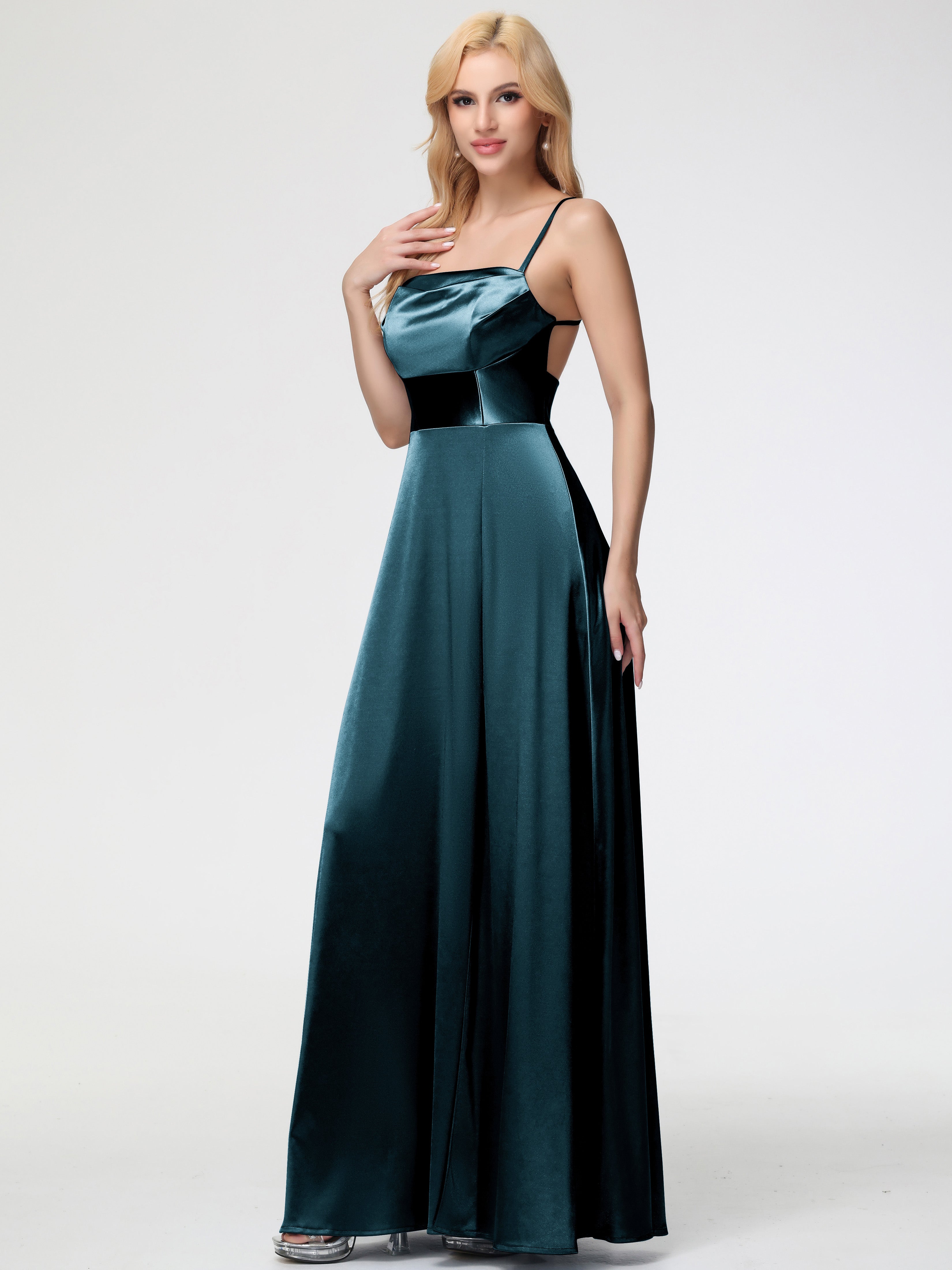 Demoiselle D'Honneur De Paon Col Bénitier Trapèze Satin Extensible Fendue Robe De Demoiselle D'Honneur