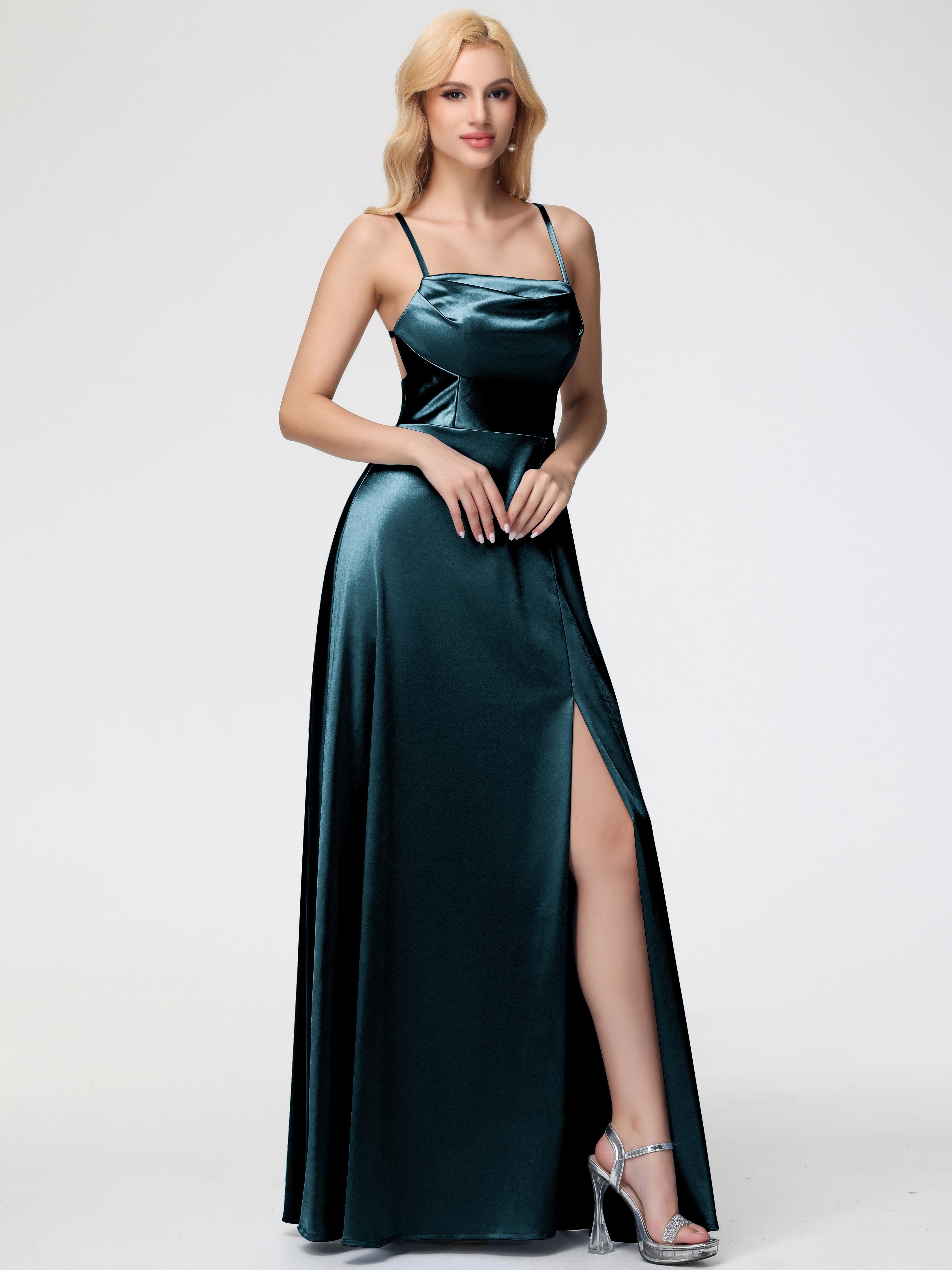 Demoiselle D'Honneur De Paon Col Bénitier Trapèze Satin Extensible Fendue Robe De Demoiselle D'Honneur