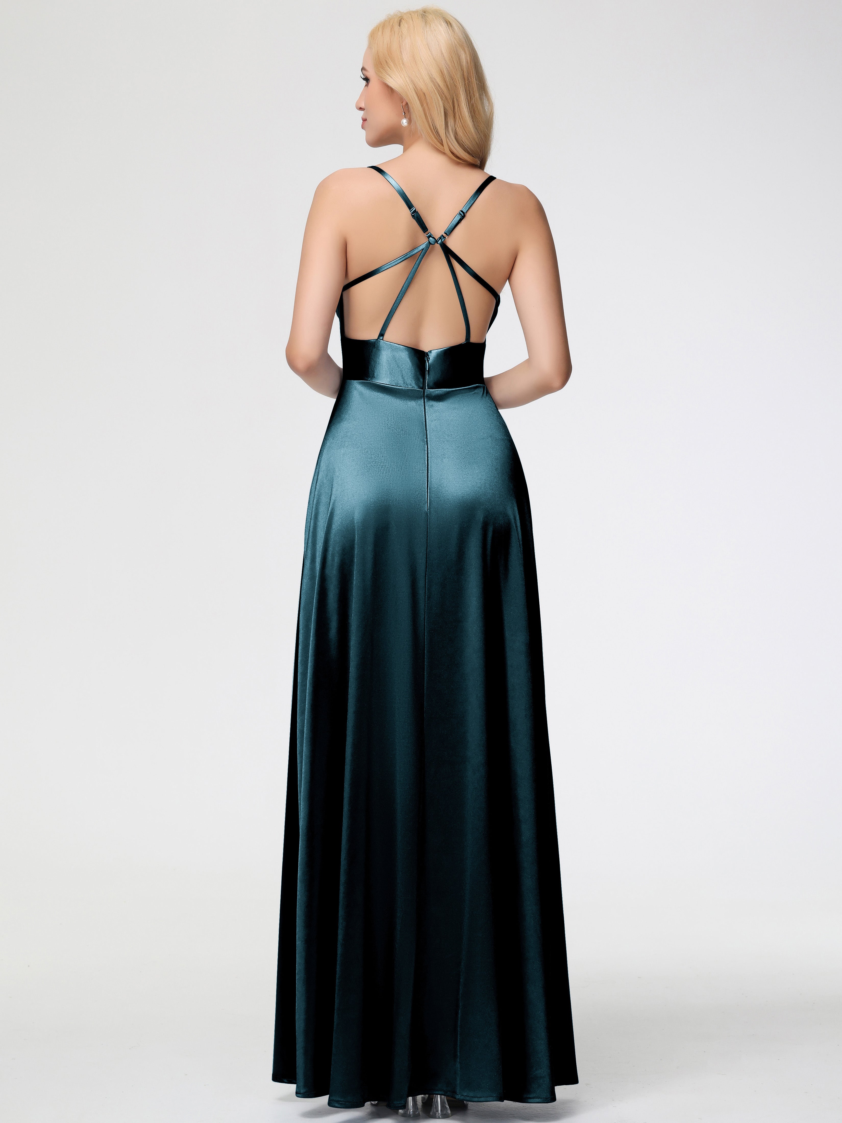 Demoiselle D'Honneur De Paon Col Bénitier Trapèze Satin Extensible Fendue Robe De Demoiselle D'Honneur