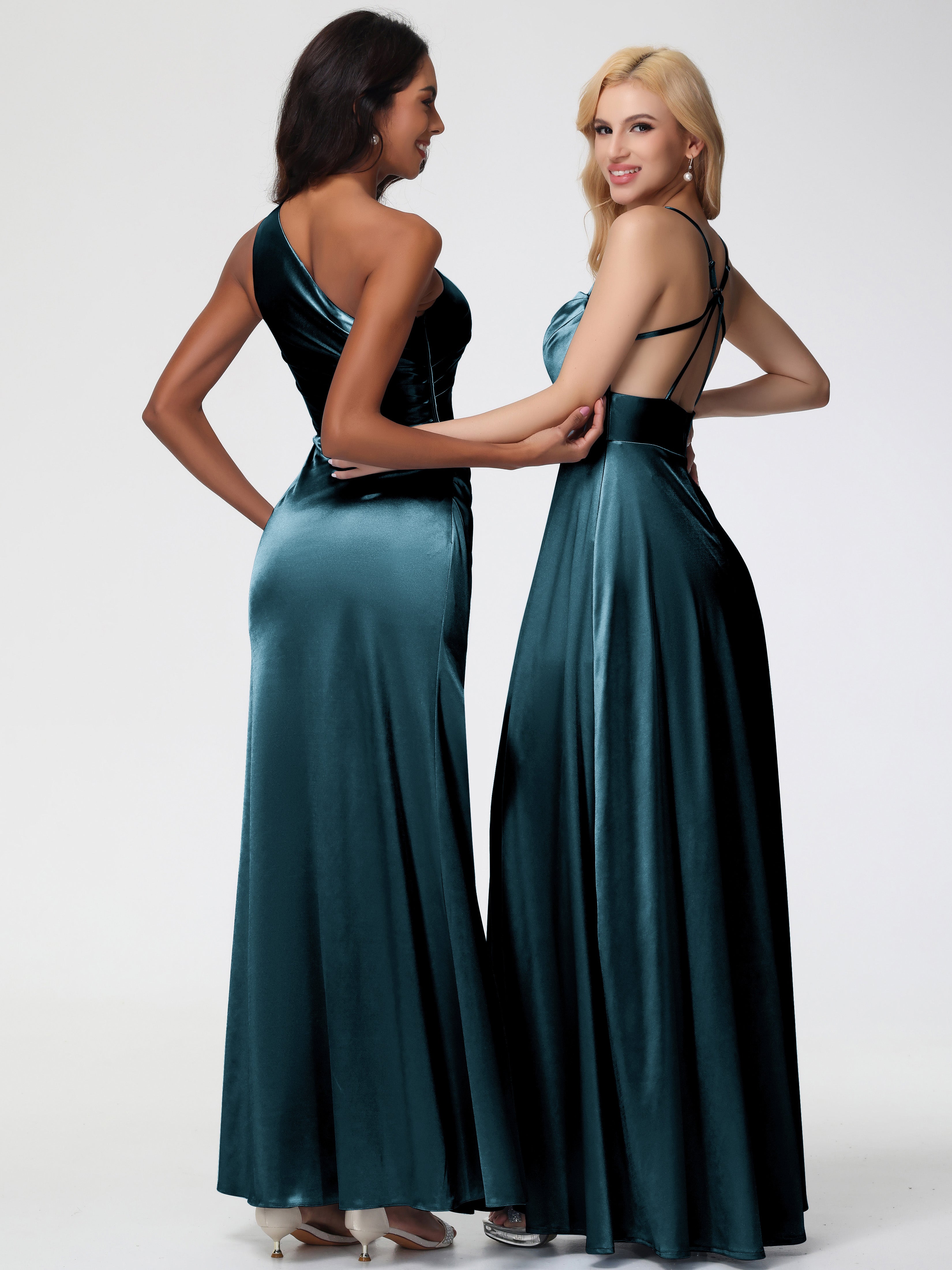 Demoiselle D'Honneur De Paon Col Bénitier Trapèze Satin Extensible Fendue Robe De Demoiselle D'Honneur