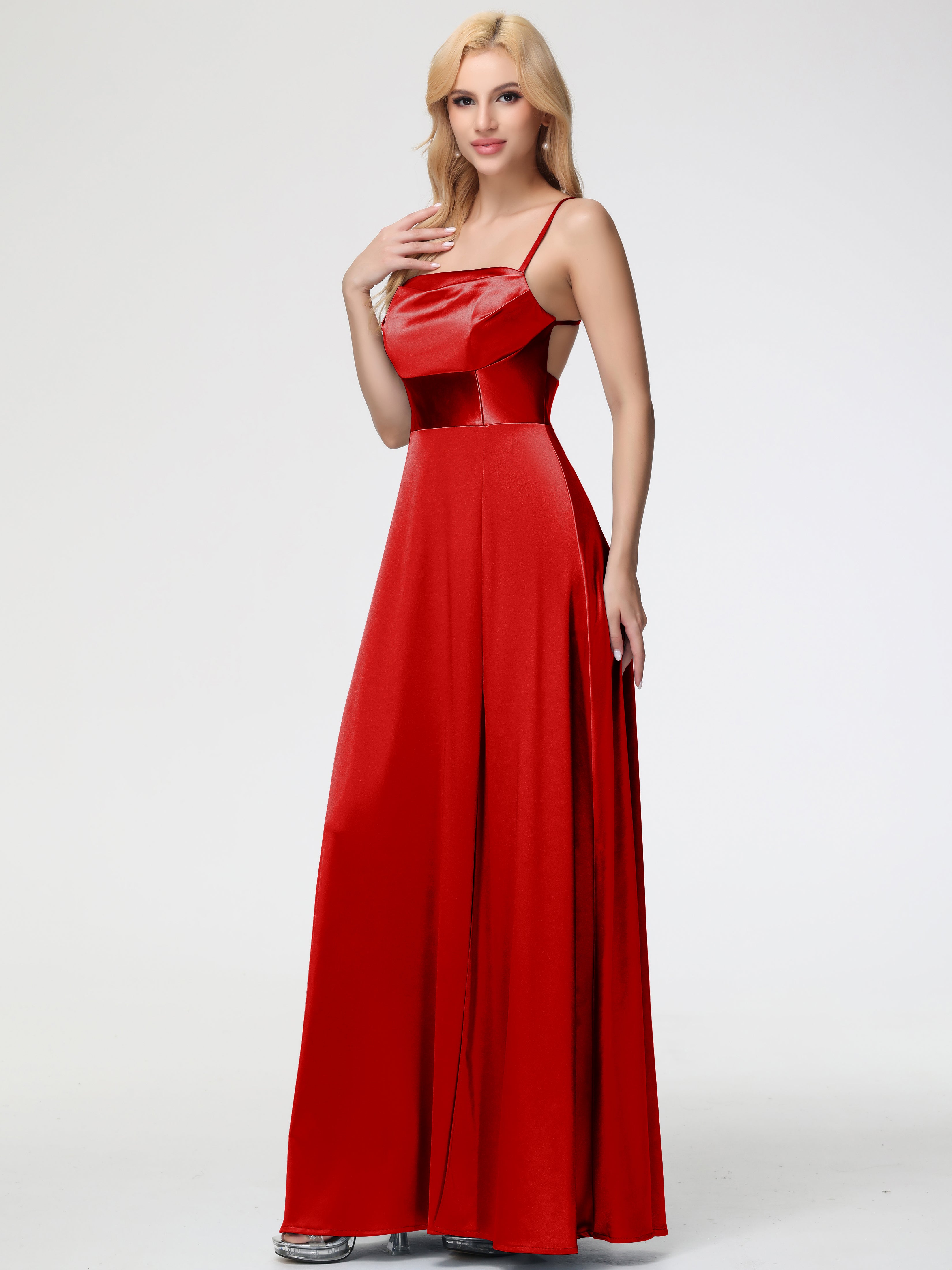 Robe Demoiselle D Honneur Rouge Pas Cher Col Bénitier Trapèze Satin Extensible Fendue Robe De Demoiselle D'Honneur