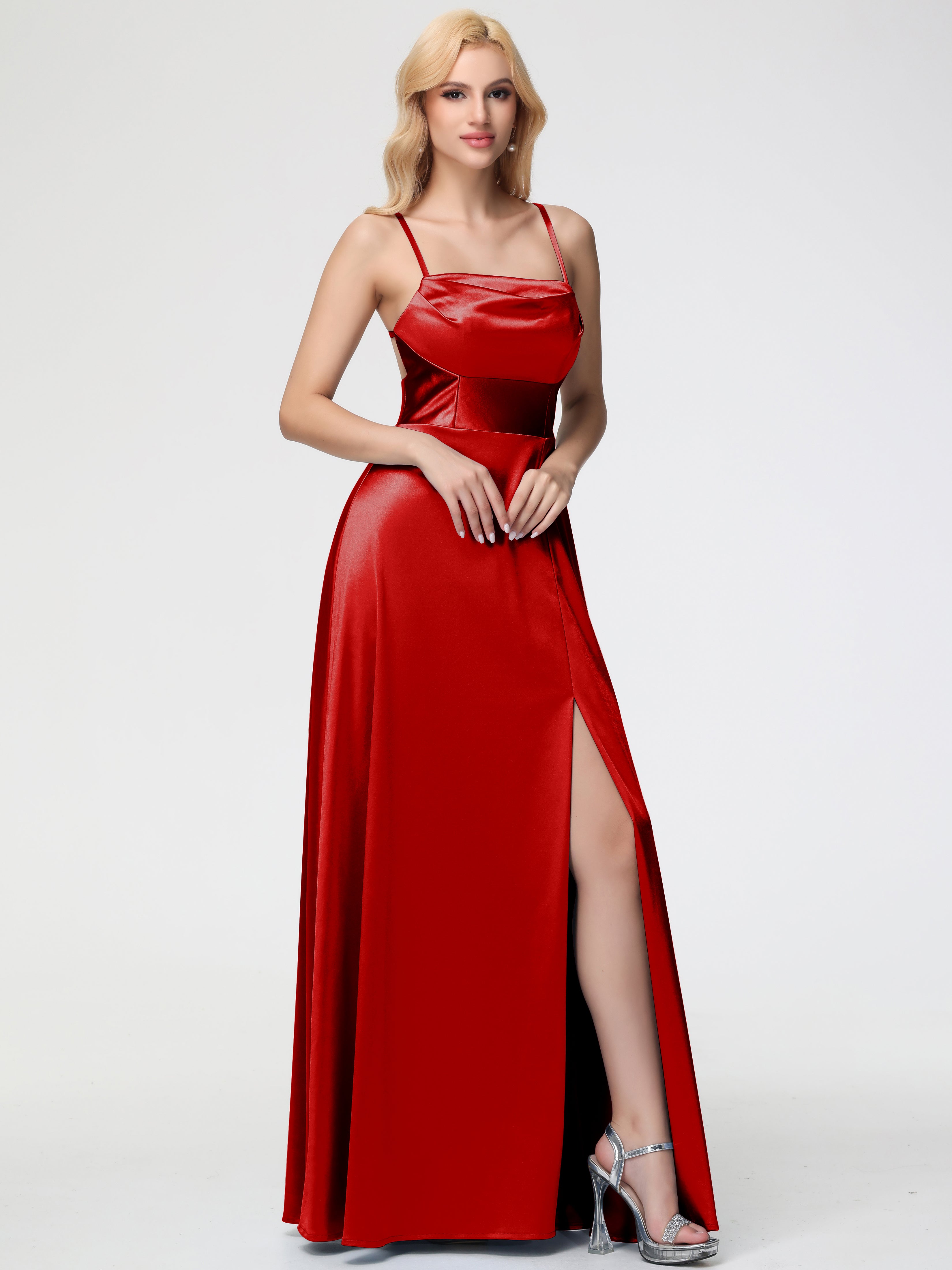 Robe Demoiselle D Honneur Rouge Pas Cher Col Bénitier Trapèze Satin Extensible Fendue Robe De Demoiselle D'Honneur