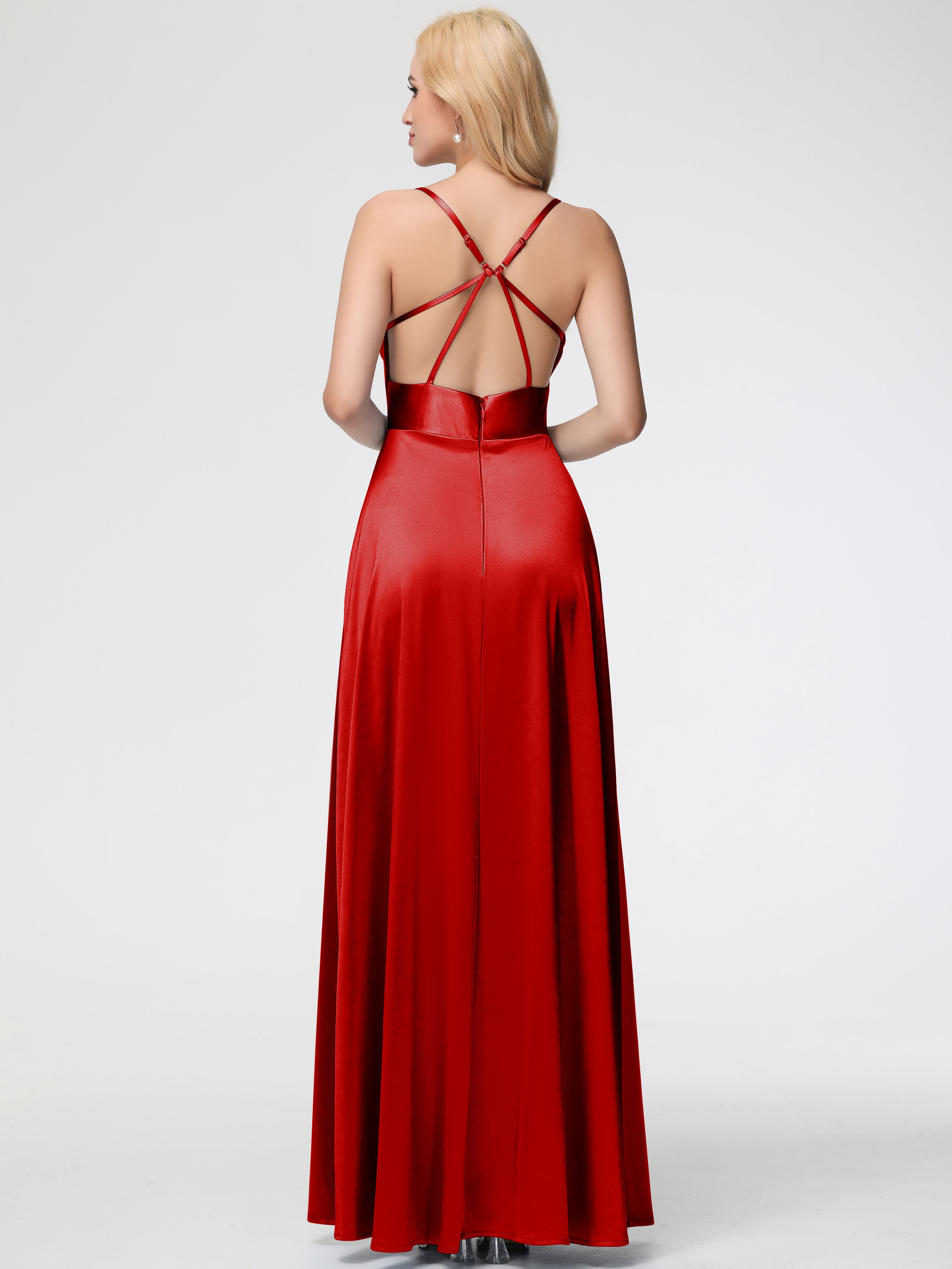 Robe Demoiselle D Honneur Rouge Pas Cher Col Bénitier Trapèze Satin Extensible Fendue Robe De Demoiselle D'Honneur