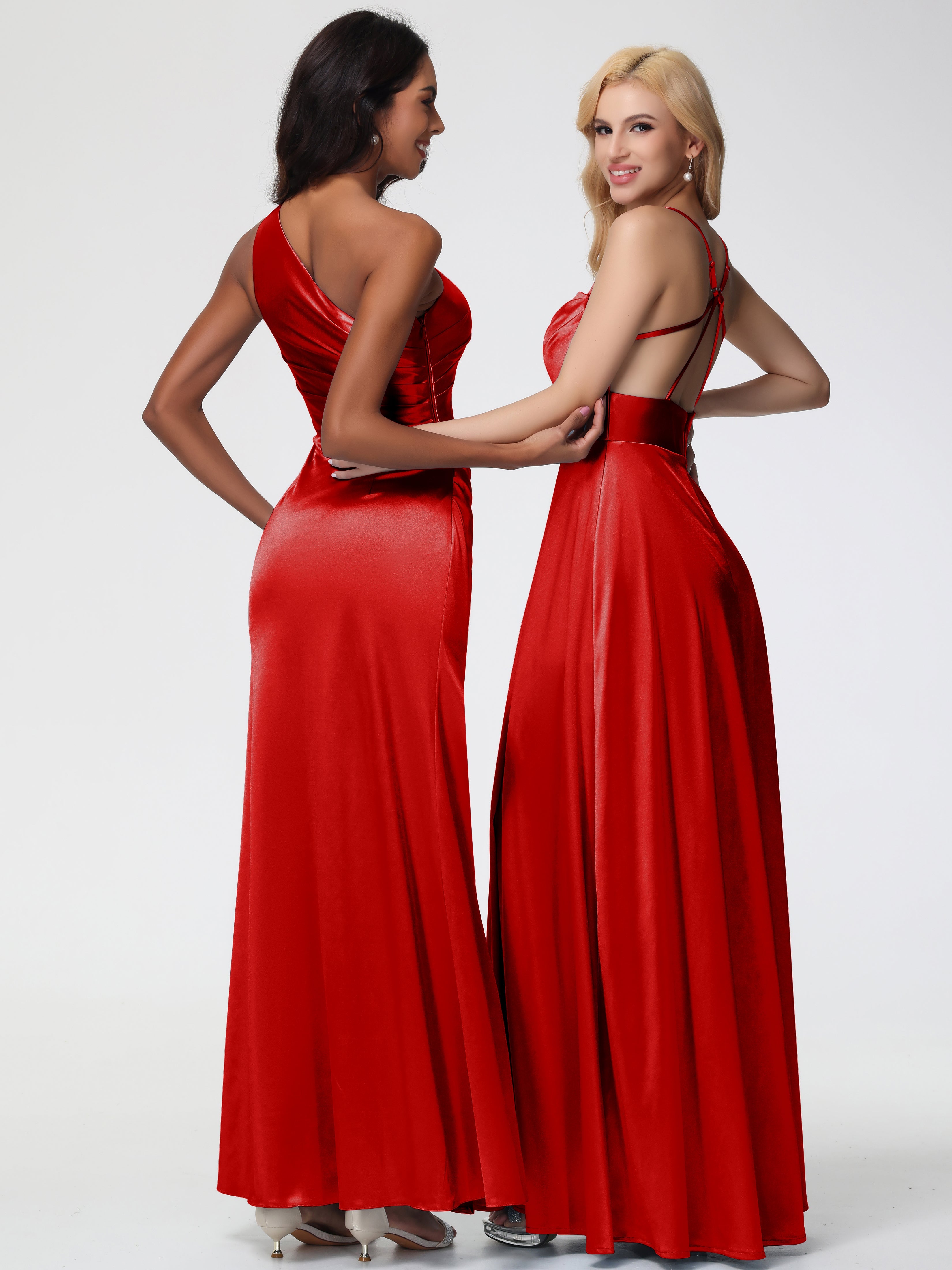 Robe Demoiselle D Honneur Rouge Pas Cher Col Bénitier Trapèze Satin Extensible Fendue Robe De Demoiselle D'Honneur