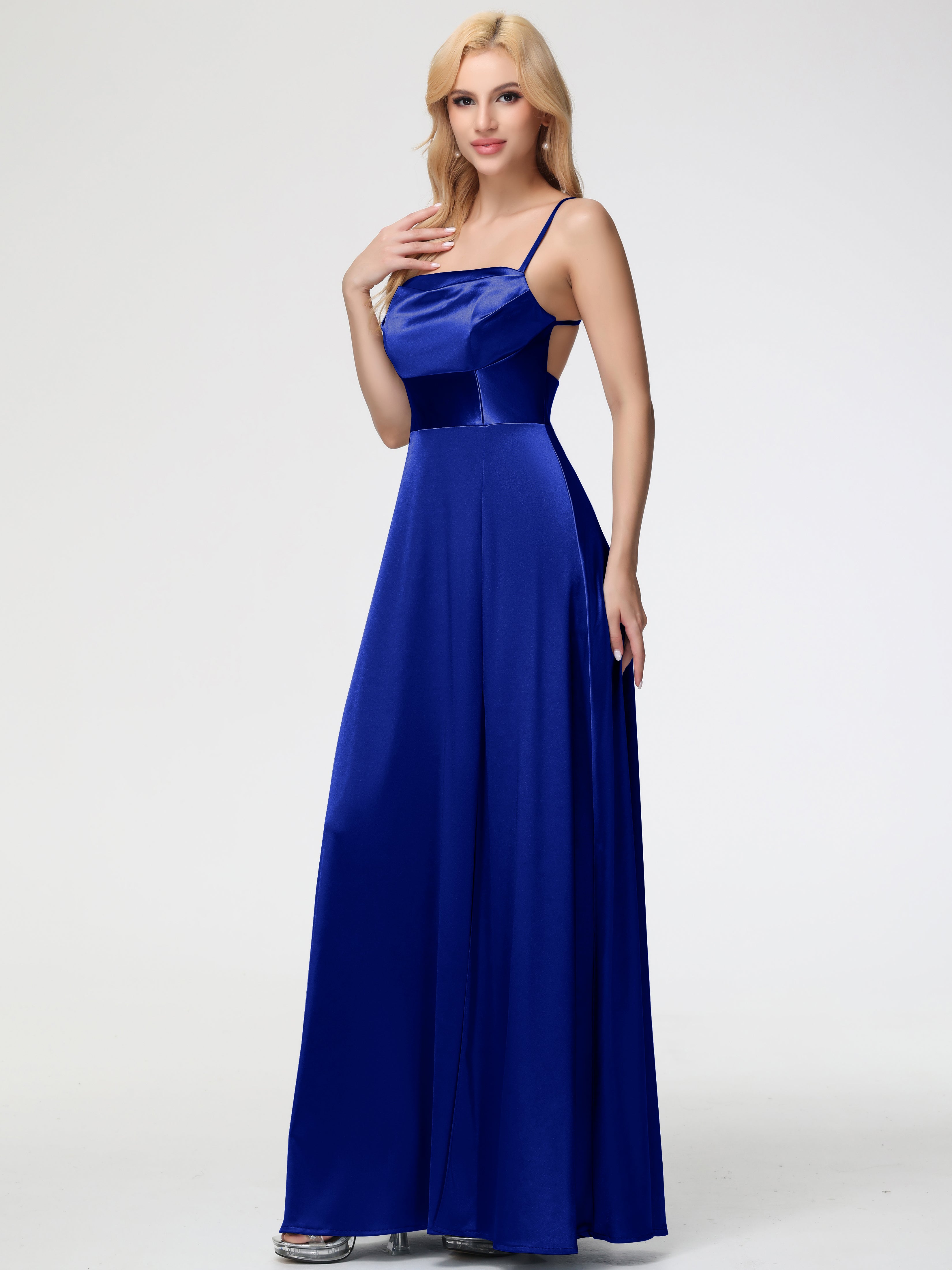 Robe Demoiselle D Honneur Bleu Royal Col Bénitier Trapèze Satin Extensible Fendue Robe De Demoiselle D'Honneur