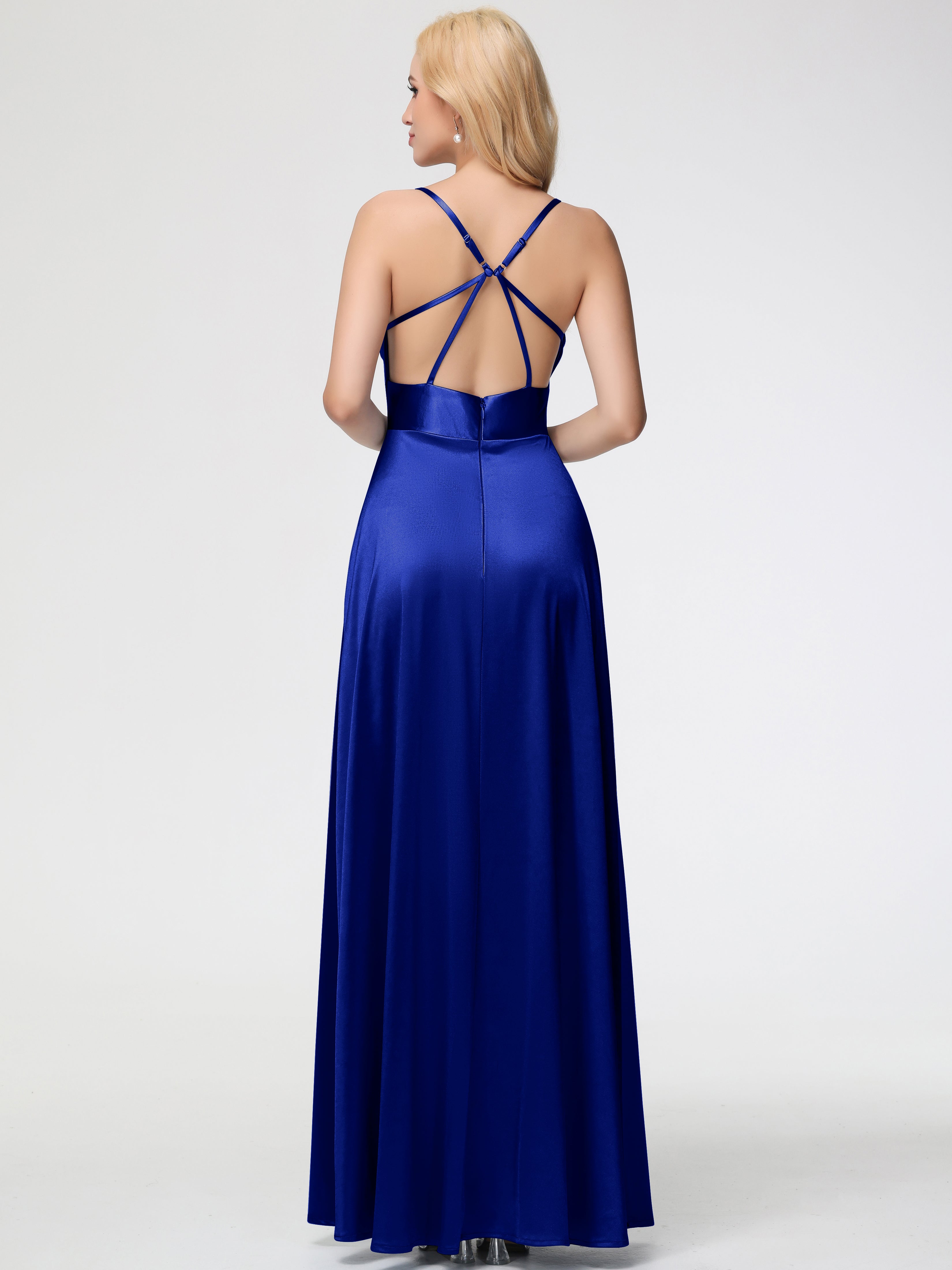 Robe Demoiselle D Honneur Bleu Royal Col Bénitier Trapèze Satin Extensible Fendue Robe De Demoiselle D'Honneur