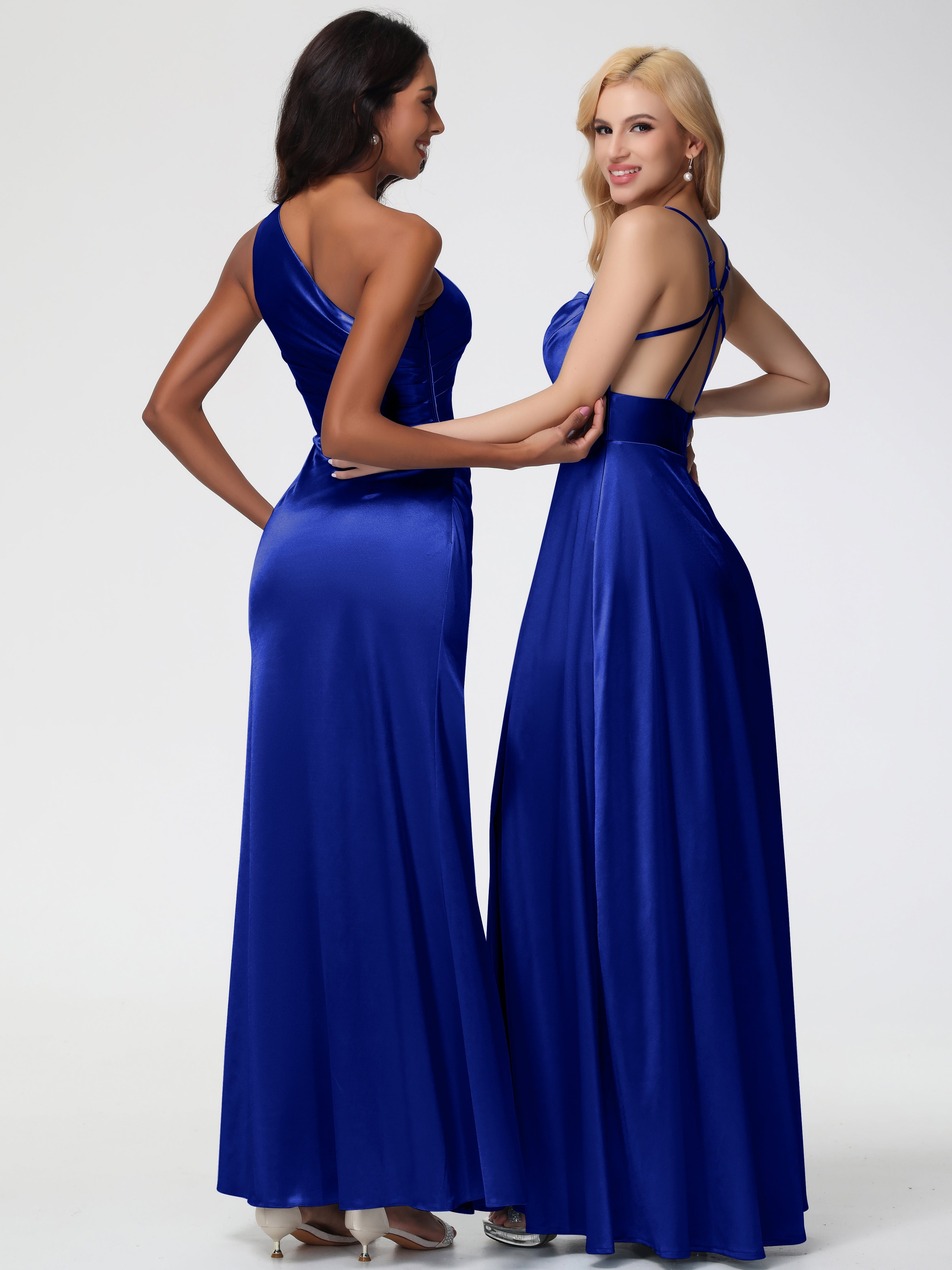 Robe Demoiselle D Honneur Bleu Royal Col Bénitier Trapèze Satin Extensible Fendue Robe De Demoiselle D'Honneur