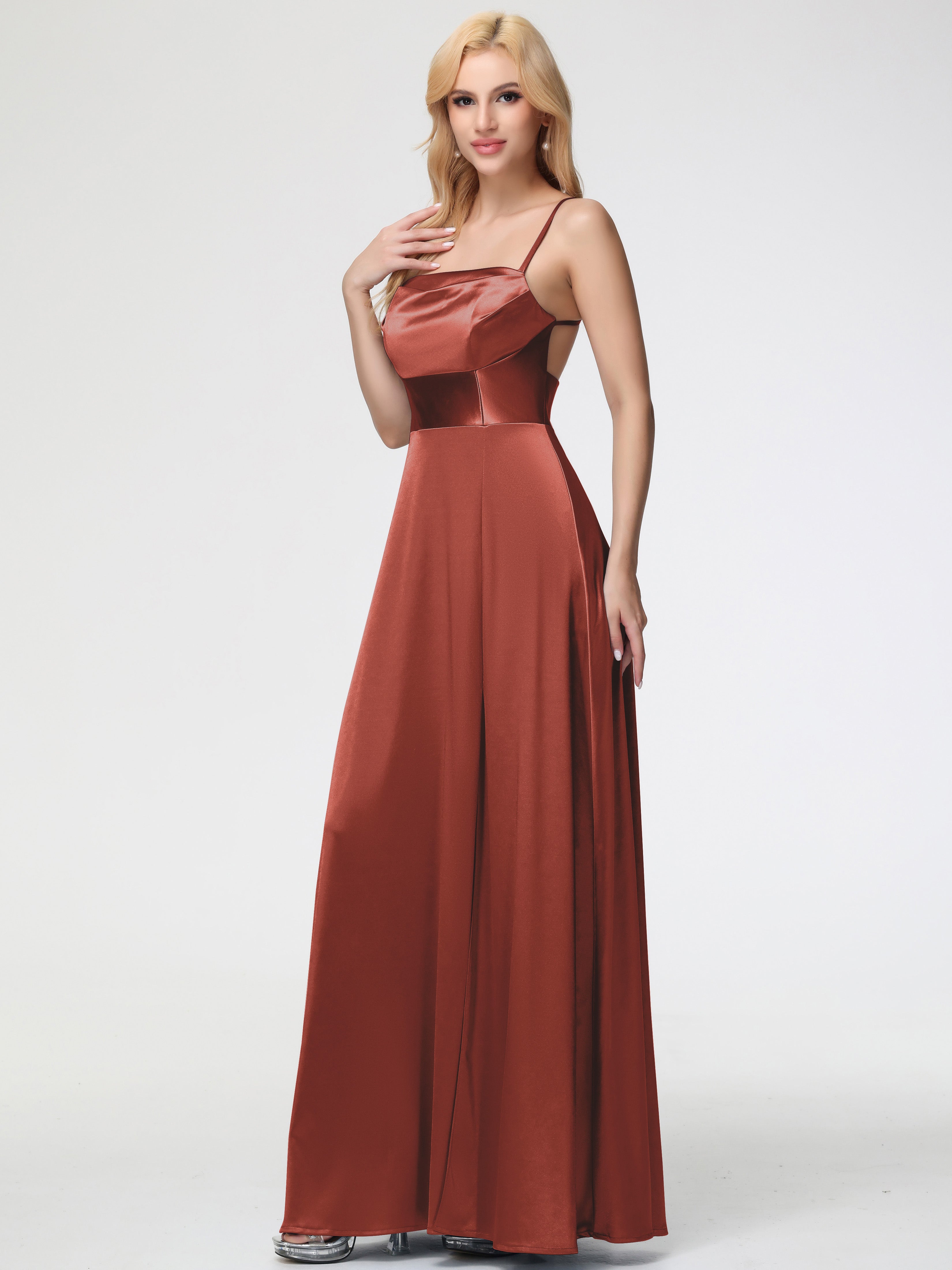 Longues Robes De Demoiselle D'Honneur De Rouille Col Bénitier Trapèze Satin Extensible Fendue Robe De Demoiselle D'Honneur