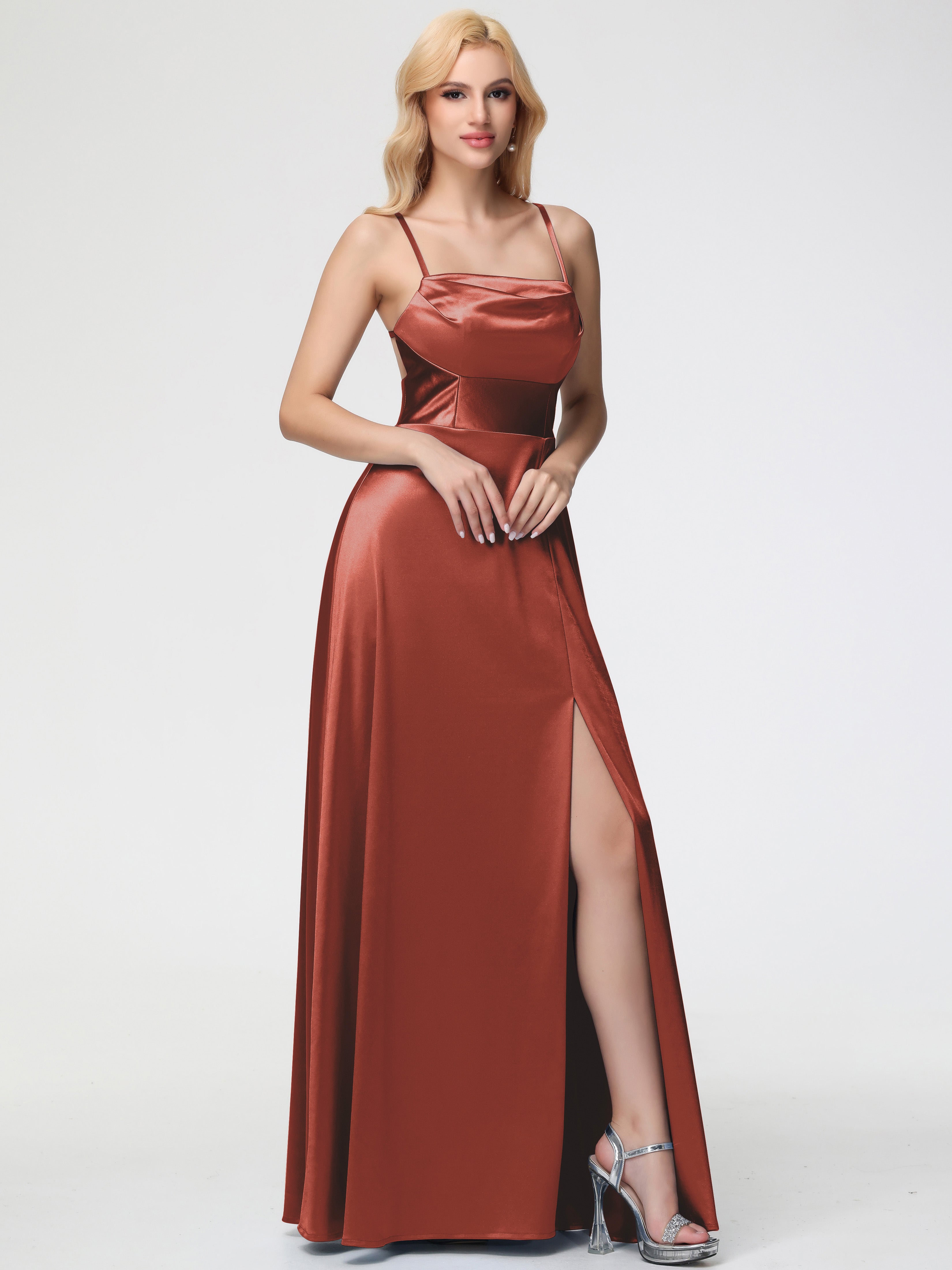 Longues Robes De Demoiselle D'Honneur De Rouille Col Bénitier Trapèze Satin Extensible Fendue Robe De Demoiselle D'Honneur