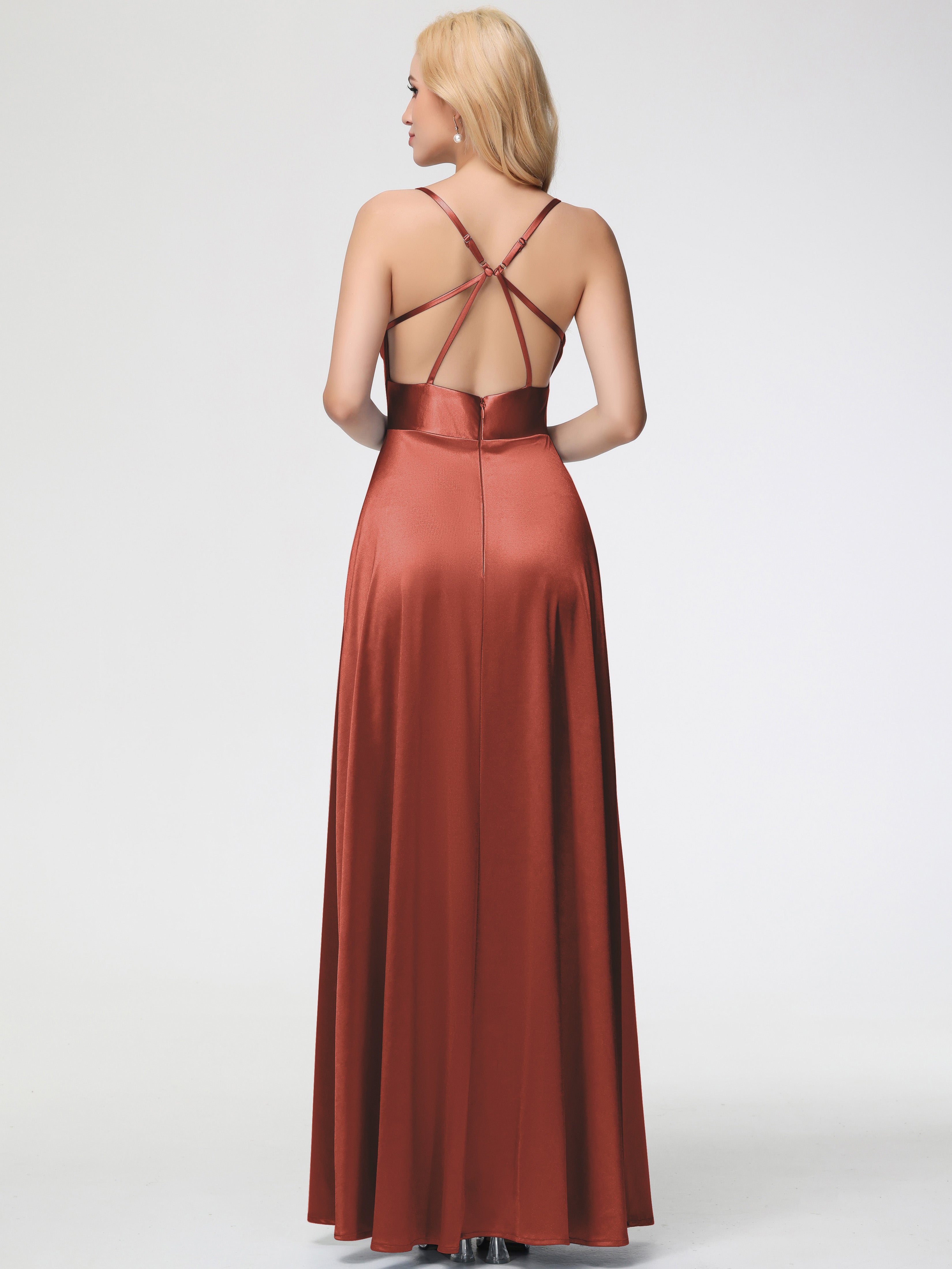 Longues Robes De Demoiselle D'Honneur De Rouille Col Bénitier Trapèze Satin Extensible Fendue Robe De Demoiselle D'Honneur