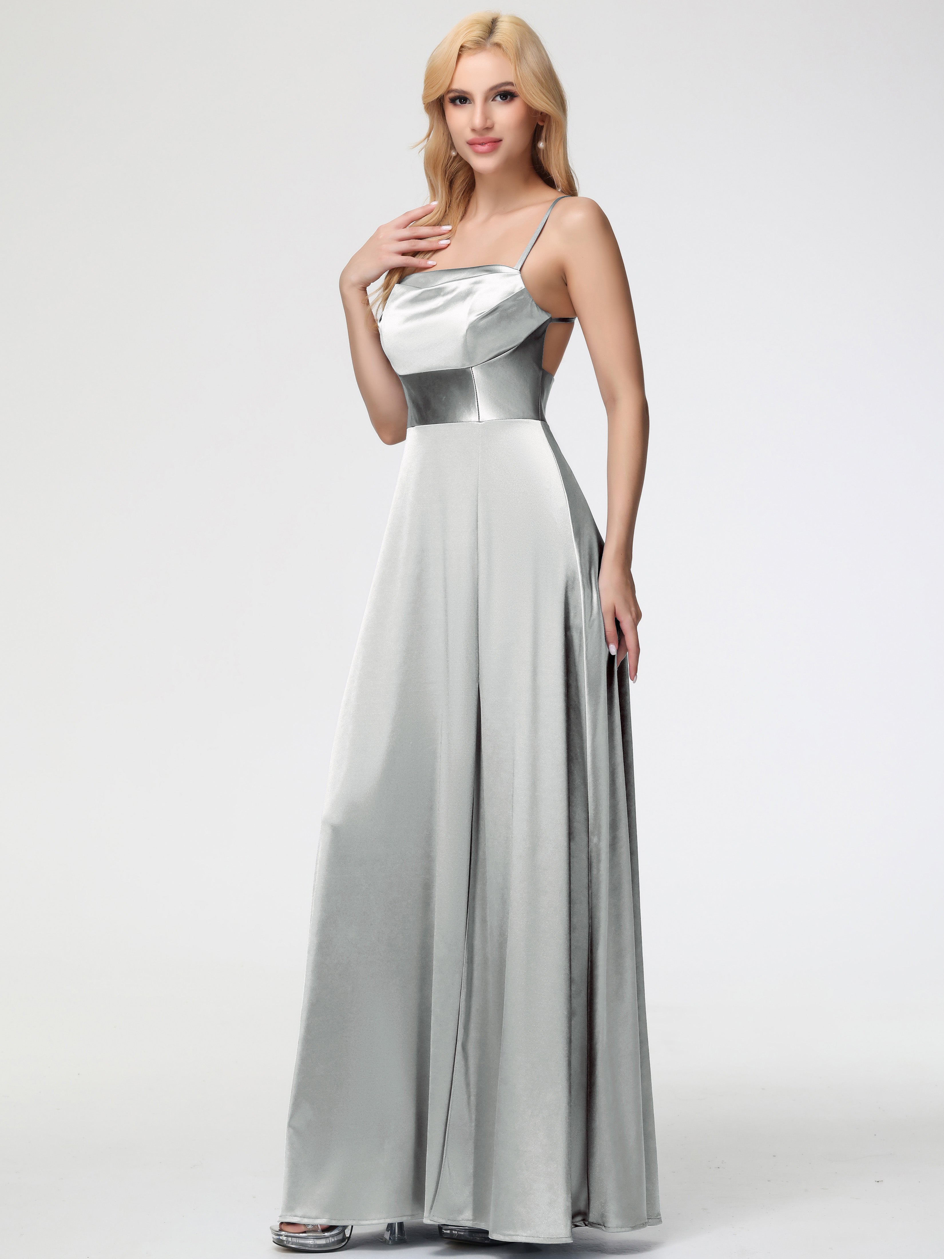 Robe Demoiselle D Honneur Argent Col Bénitier Trapèze Satin Extensible Fendue Robe De Demoiselle D'Honneur