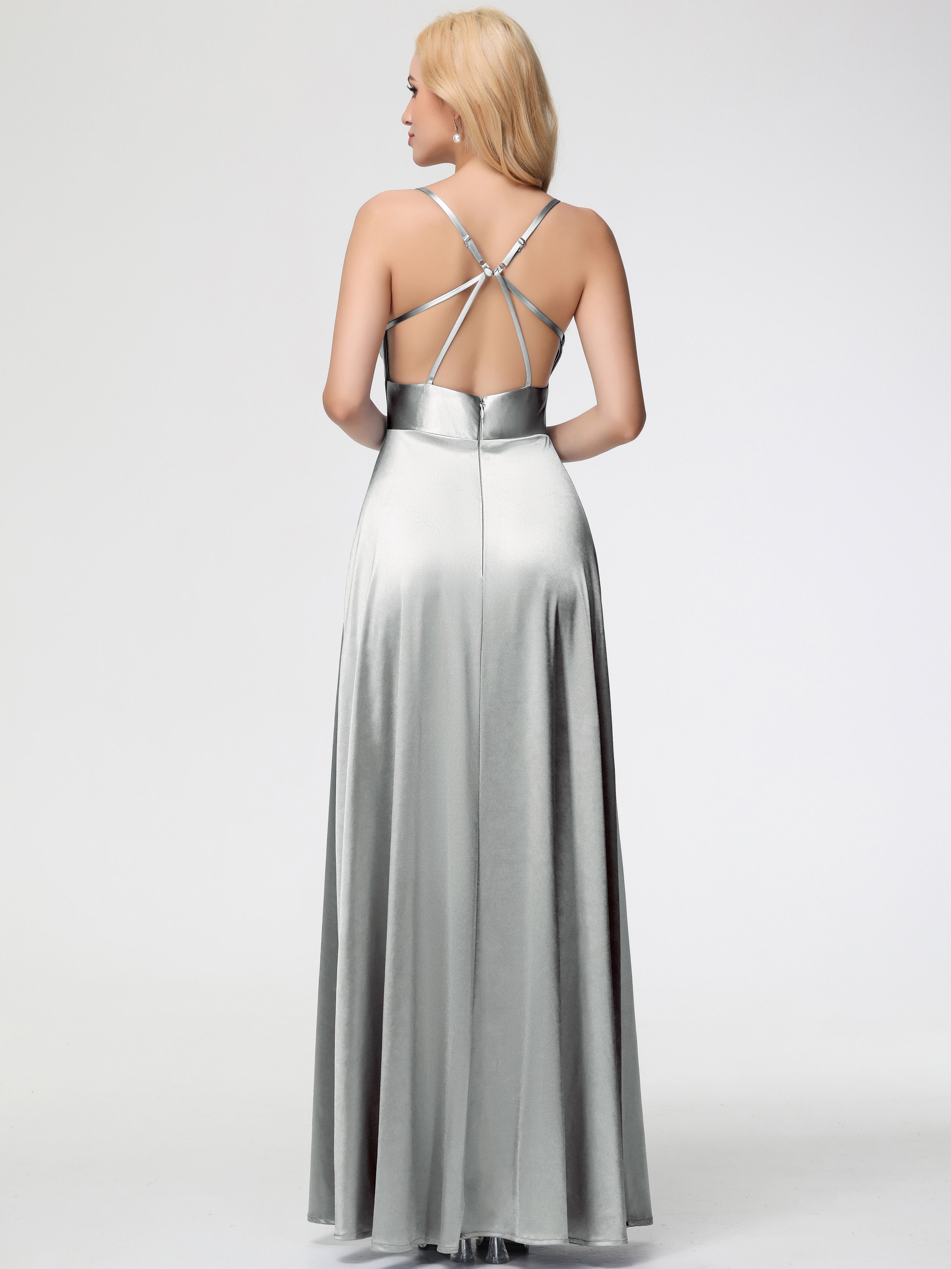 Robe Demoiselle D Honneur Argent Col Bénitier Trapèze Satin Extensible Fendue Robe De Demoiselle D'Honneur