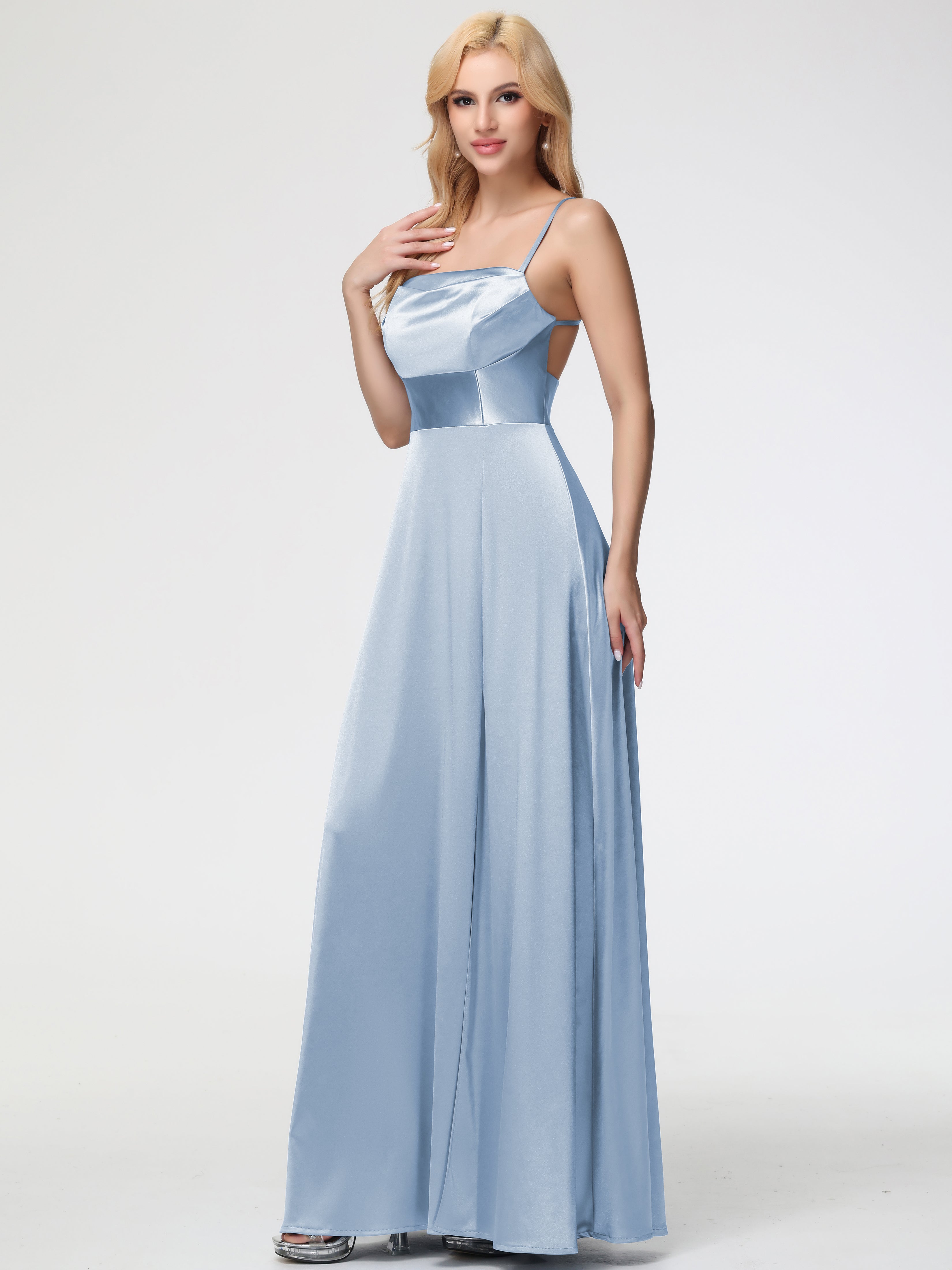 Robe Demoiselle D Honneur Bleu Ciel Col Bénitier Trapèze Satin Extensible Fendue Robe De Demoiselle D'Honneur