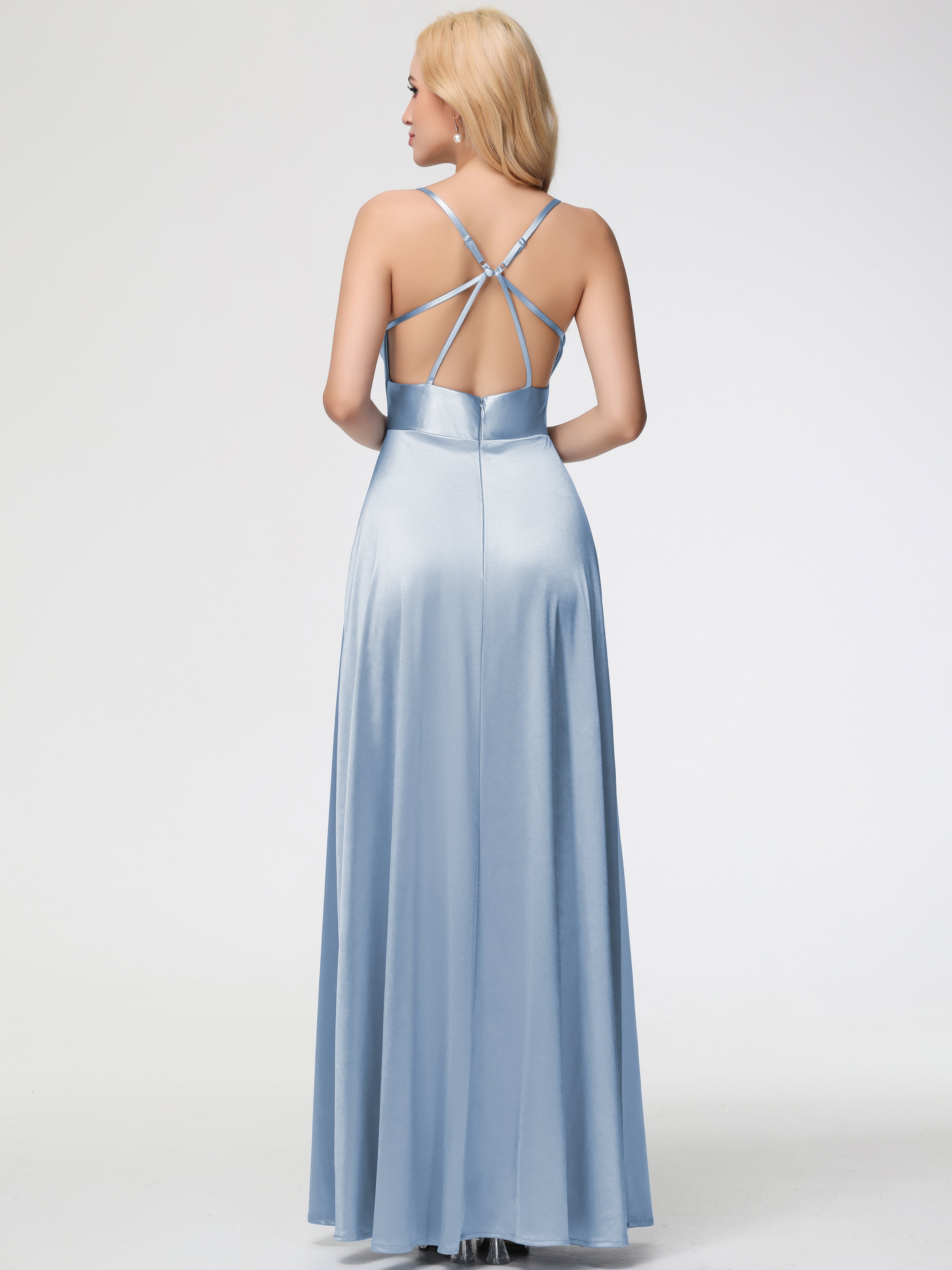 Robe Demoiselle D Honneur Bleu Ciel Col Bénitier Trapèze Satin Extensible Fendue Robe De Demoiselle D'Honneur