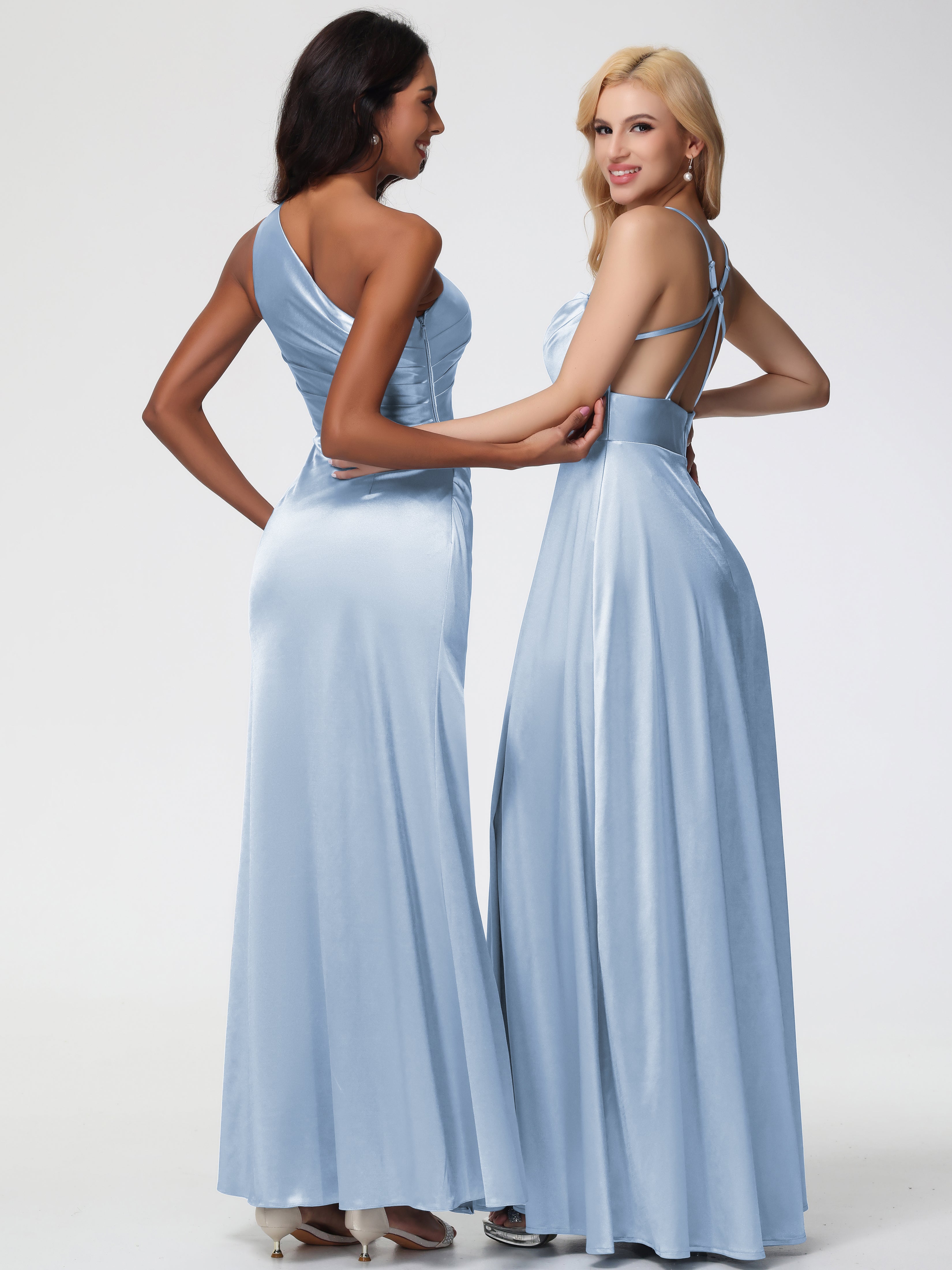 Robe Demoiselle D Honneur Bleu Ciel Col Bénitier Trapèze Satin Extensible Fendue Robe De Demoiselle D'Honneur