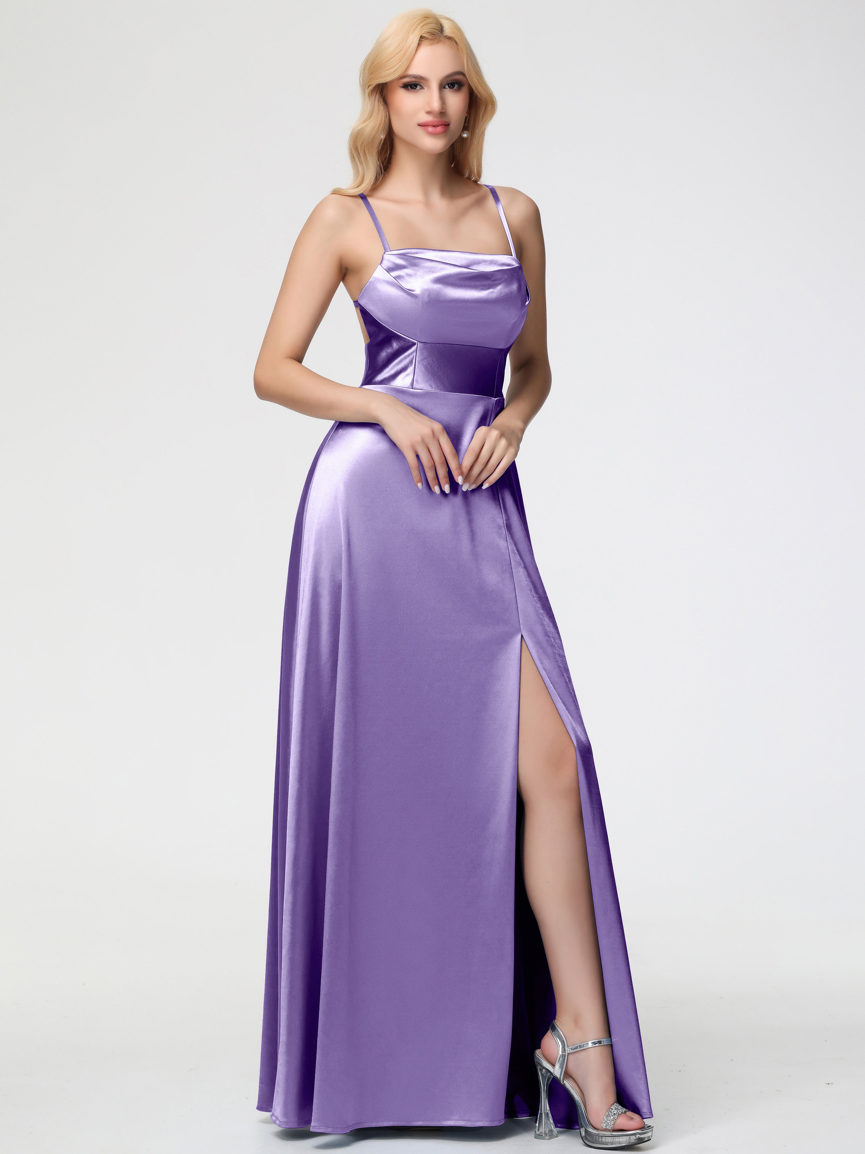 Robes De Demoiselle D'Honneur Tahiti Col Bénitier Trapèze Satin Extensible Fendue Robe De Demoiselle D'Honneur