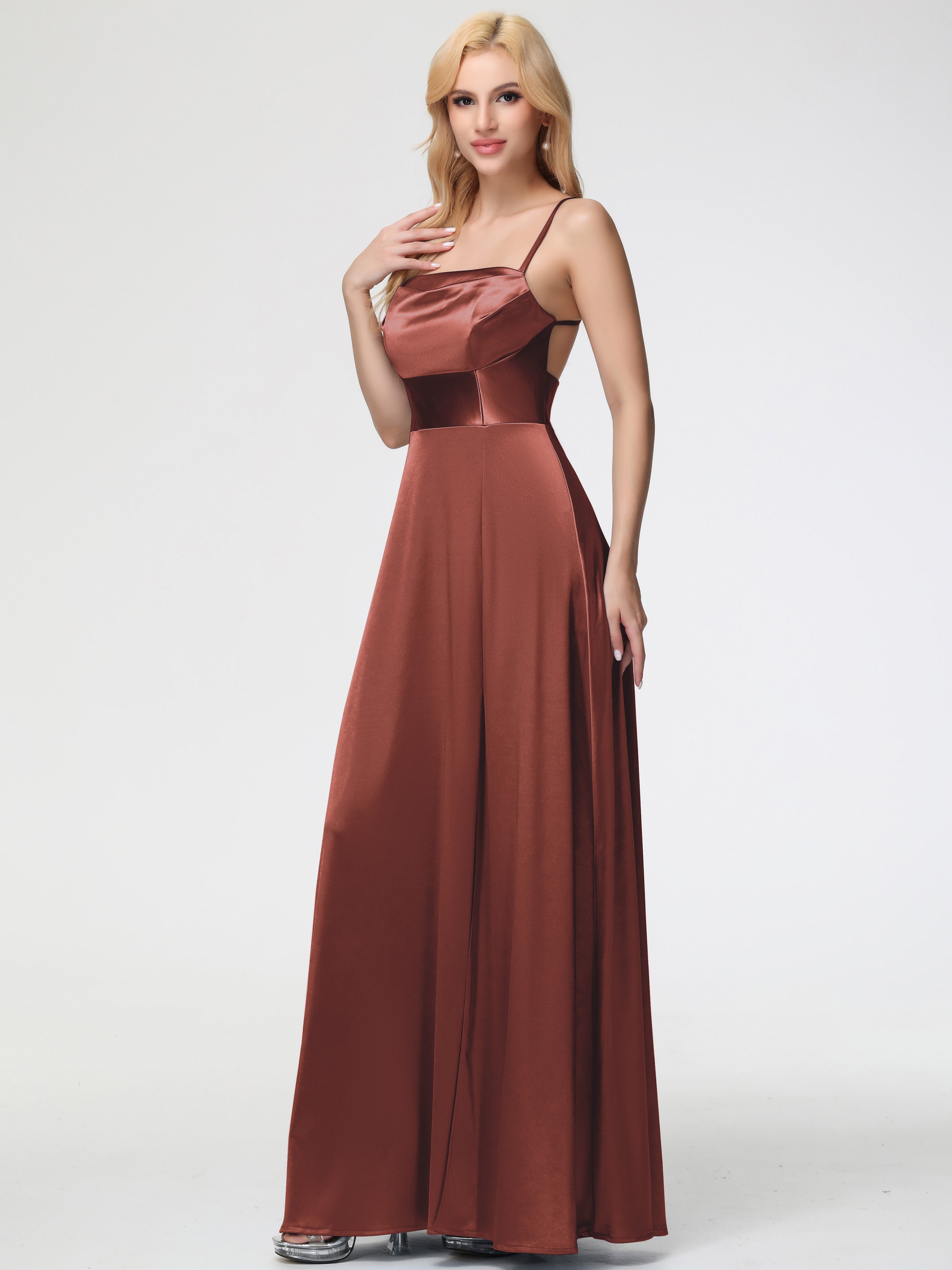 Demoiselle D Honneur Terracotta Col Bénitier Trapèze Satin Extensible Fendue Robe De Demoiselle D'Honneur