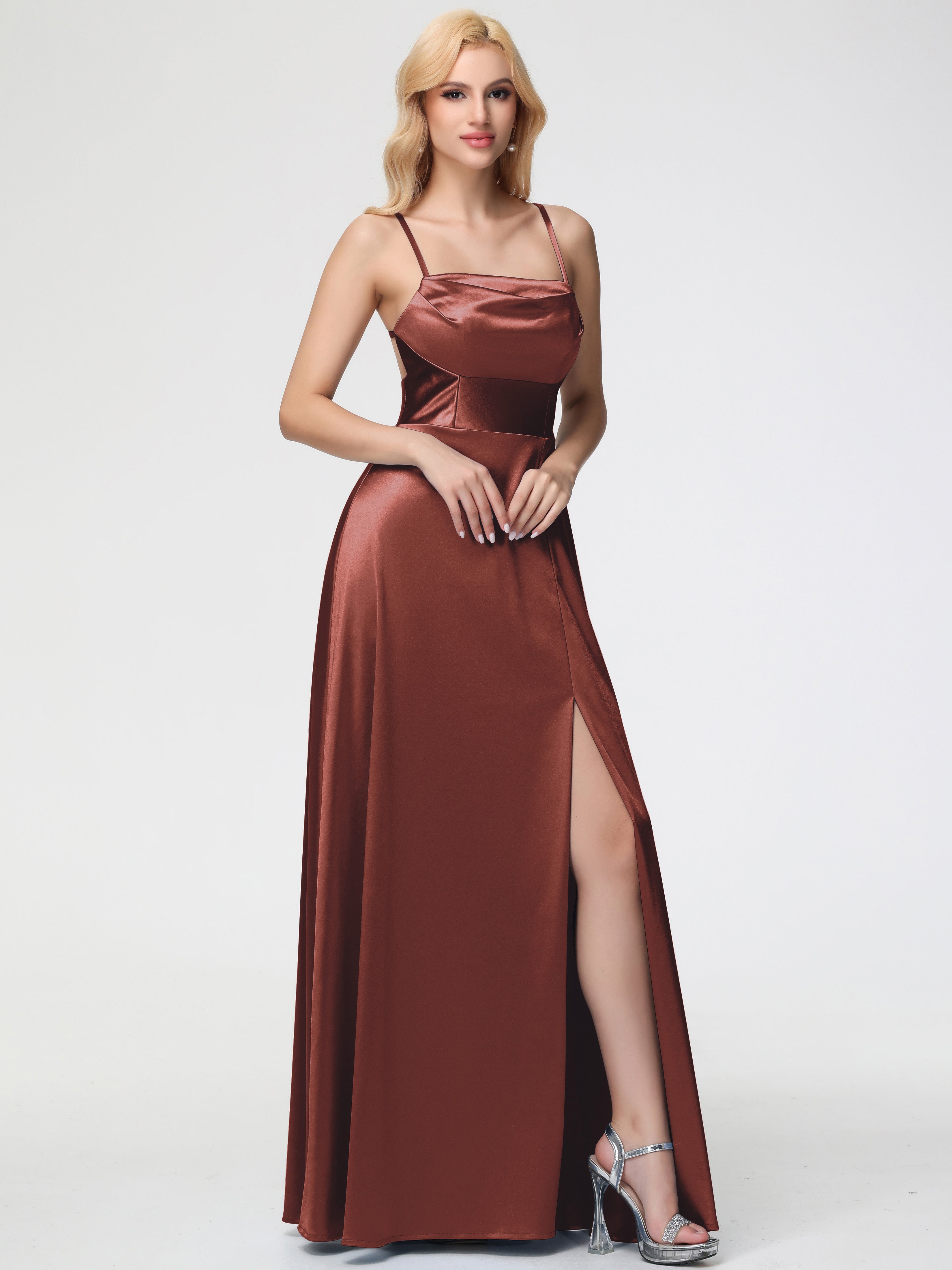 Demoiselle D Honneur Terracotta Col Bénitier Trapèze Satin Extensible Fendue Robe De Demoiselle D'Honneur