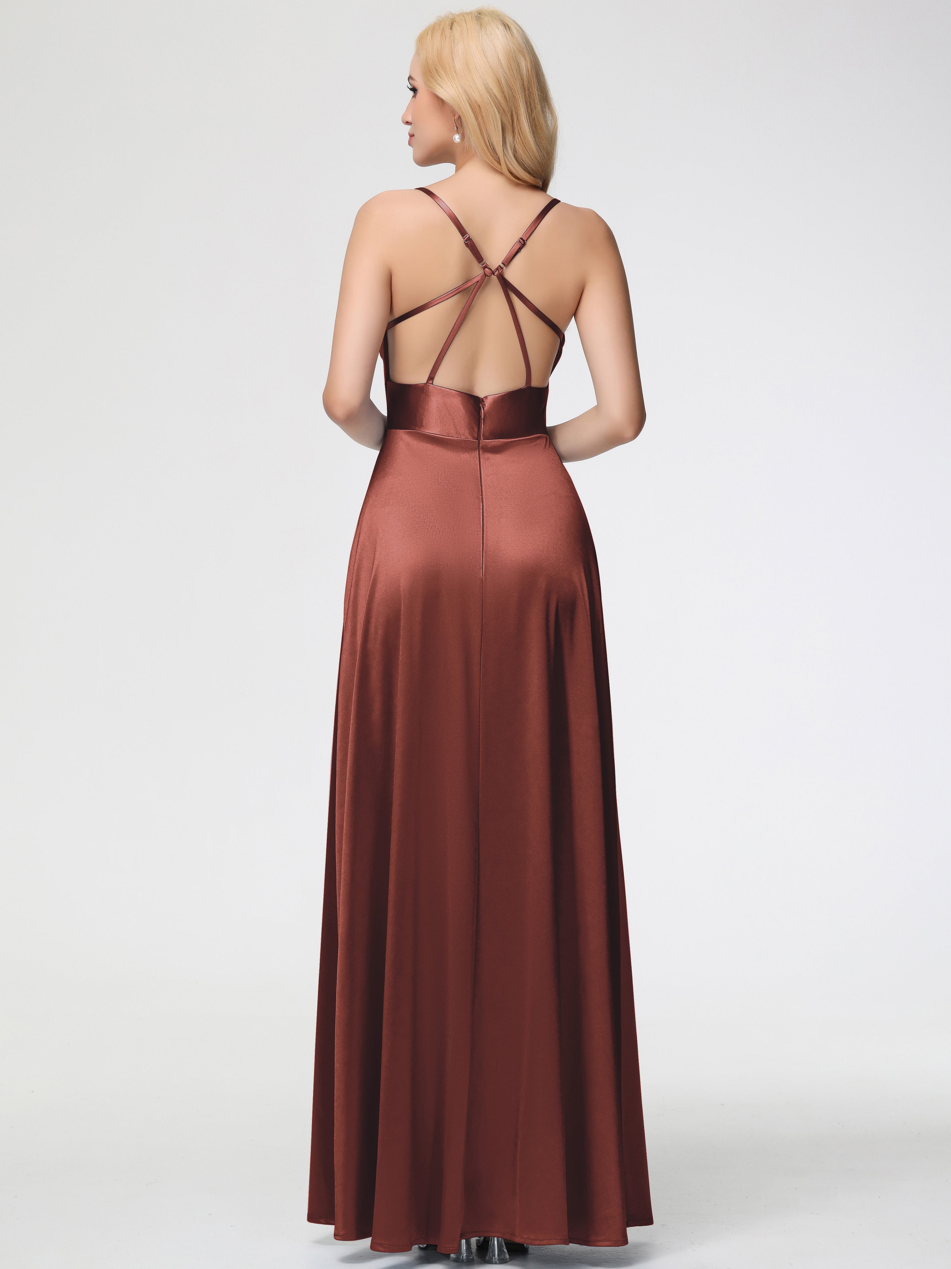 Demoiselle D Honneur Terracotta Col Bénitier Trapèze Satin Extensible Fendue Robe De Demoiselle D'Honneur