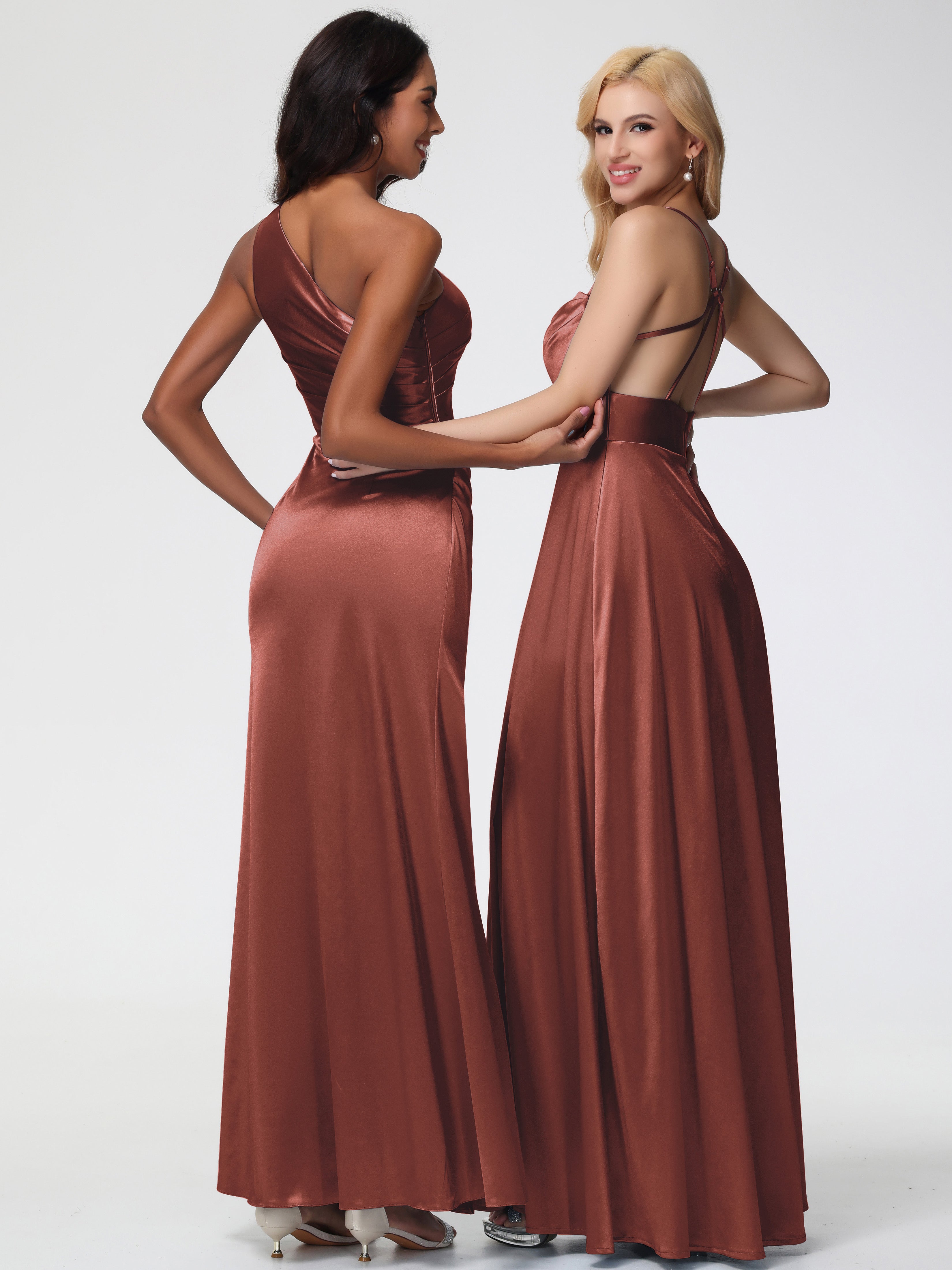 Demoiselle D Honneur Terracotta Col Bénitier Trapèze Satin Extensible Fendue Robe De Demoiselle D'Honneur