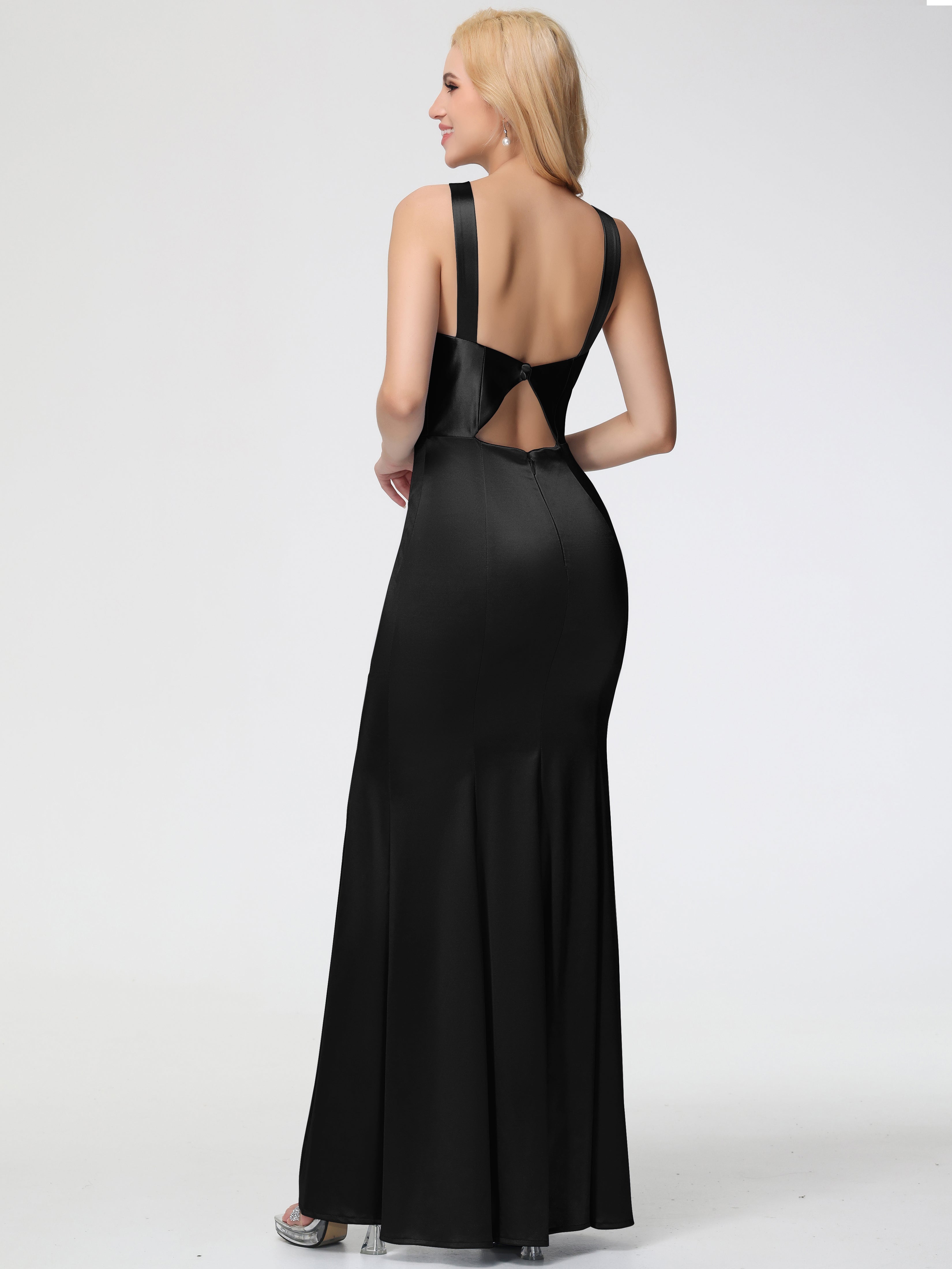 Demoiselle D Honneur Noir Licou Satin Extensible Fendue Robe De Demoiselle D'Honneur