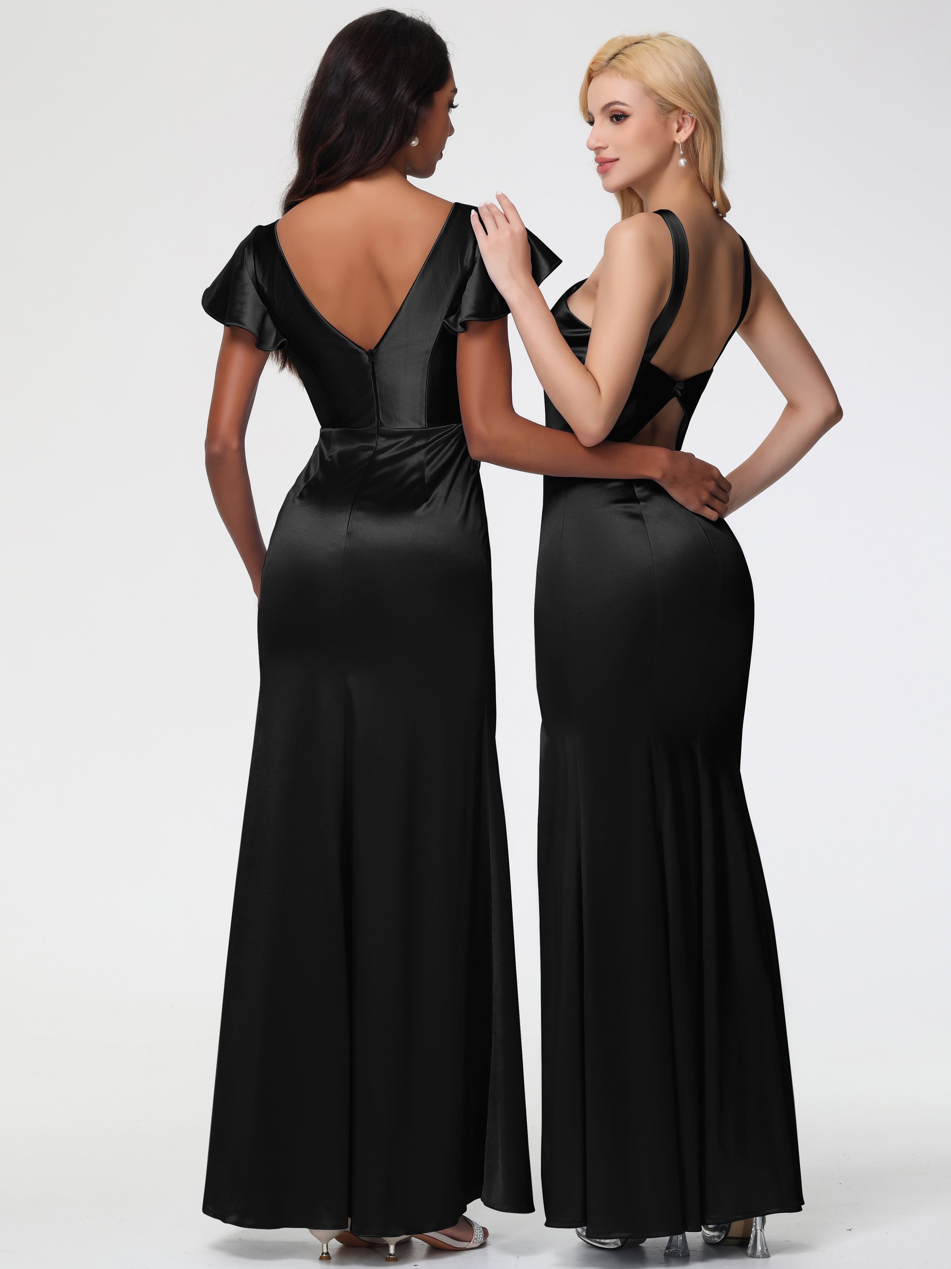 Demoiselle D Honneur Noir Licou Satin Extensible Fendue Robe De Demoiselle D'Honneur