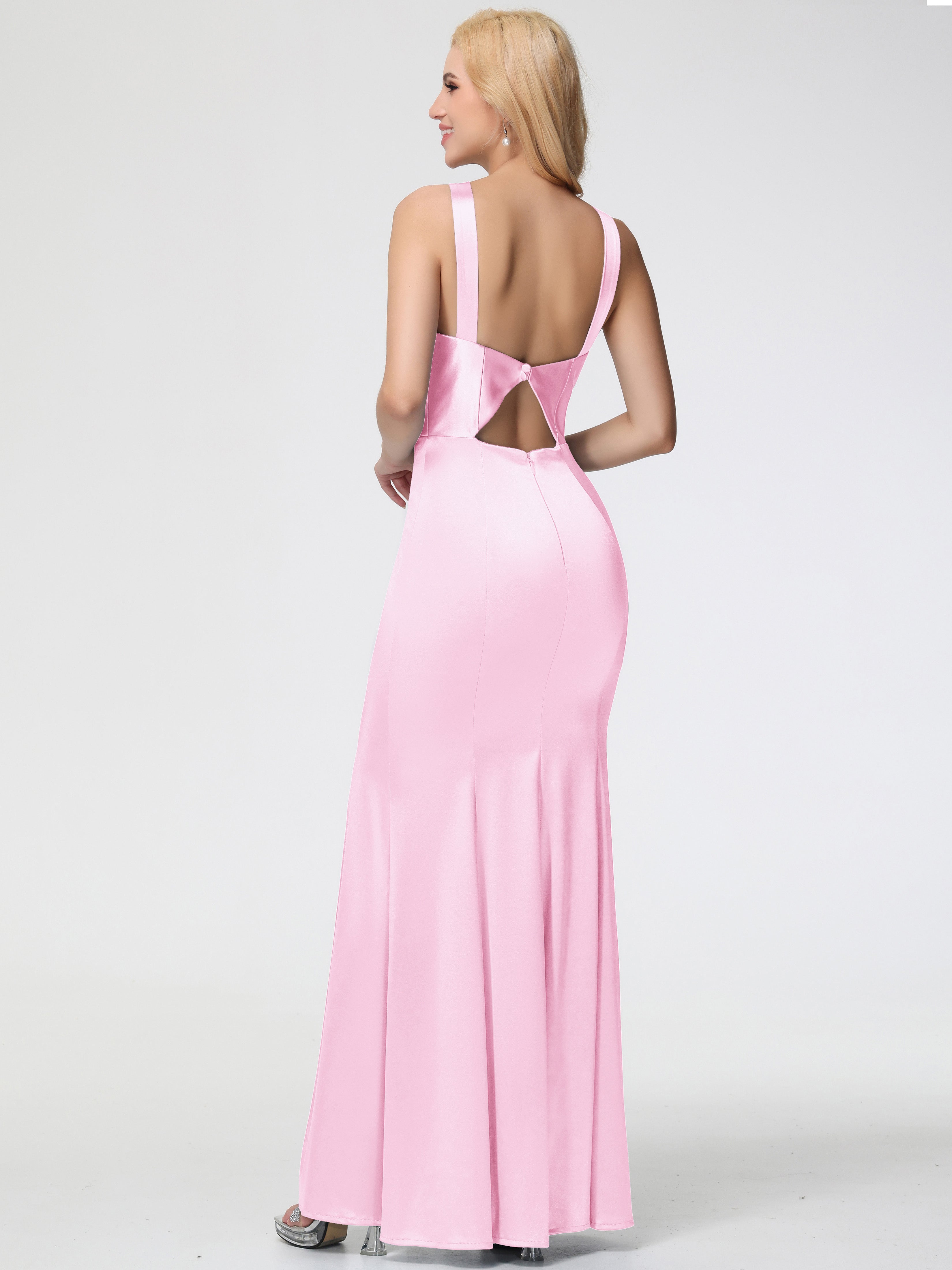 Robe Demoiselles D Honneur ROSE PÂLE Licou Satin Extensible Fendue Robe De Demoiselle D'Honneur