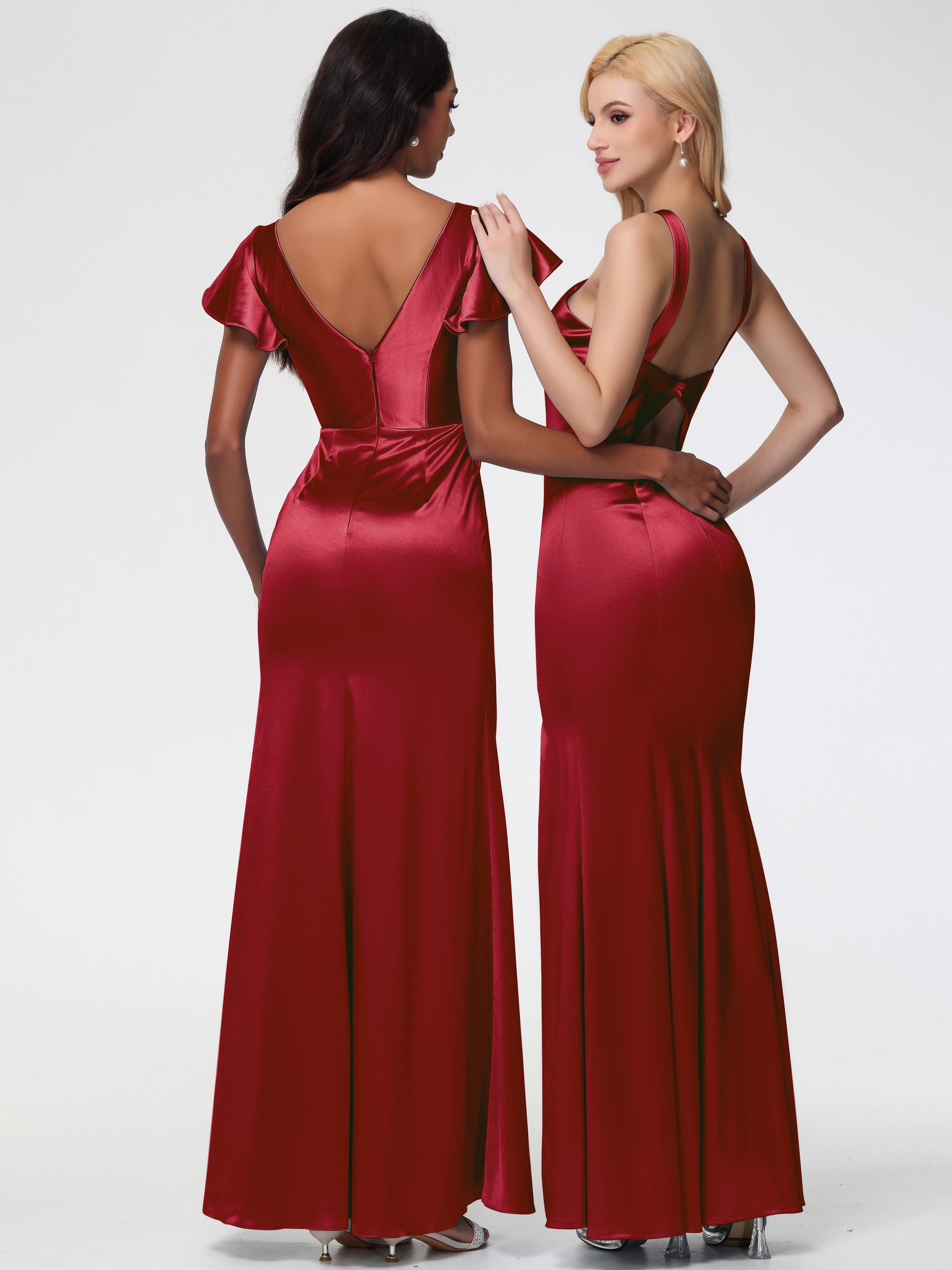 Robe Demoiselle Dhonneur Bordeaux Licou Satin Extensible Fendue Robe De Demoiselle D'Honneur