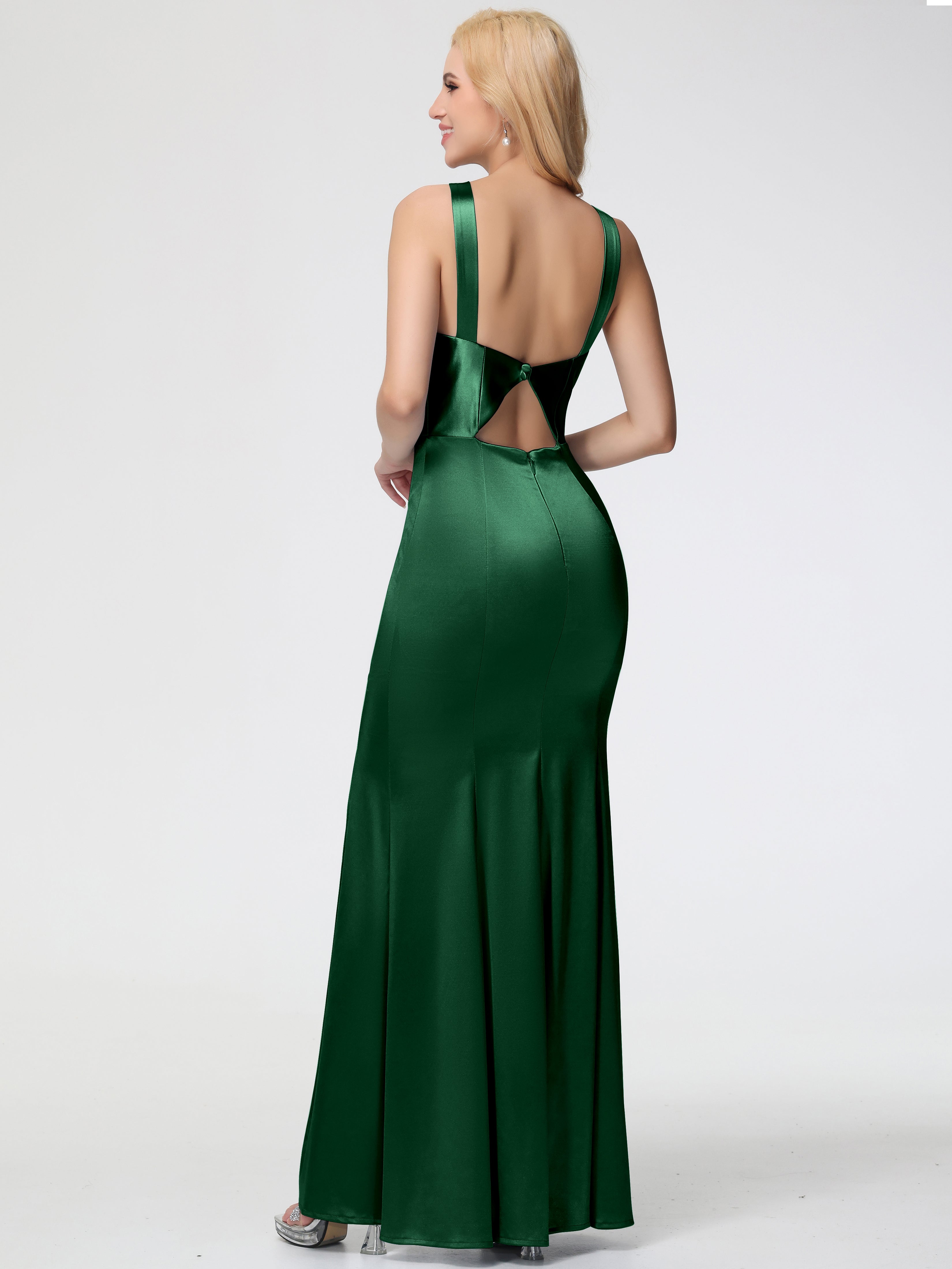 Robes De Demoiselle D'Honneur VERT FONCÉ Licou Satin Extensible Fendue Robe De Demoiselle D'Honneur