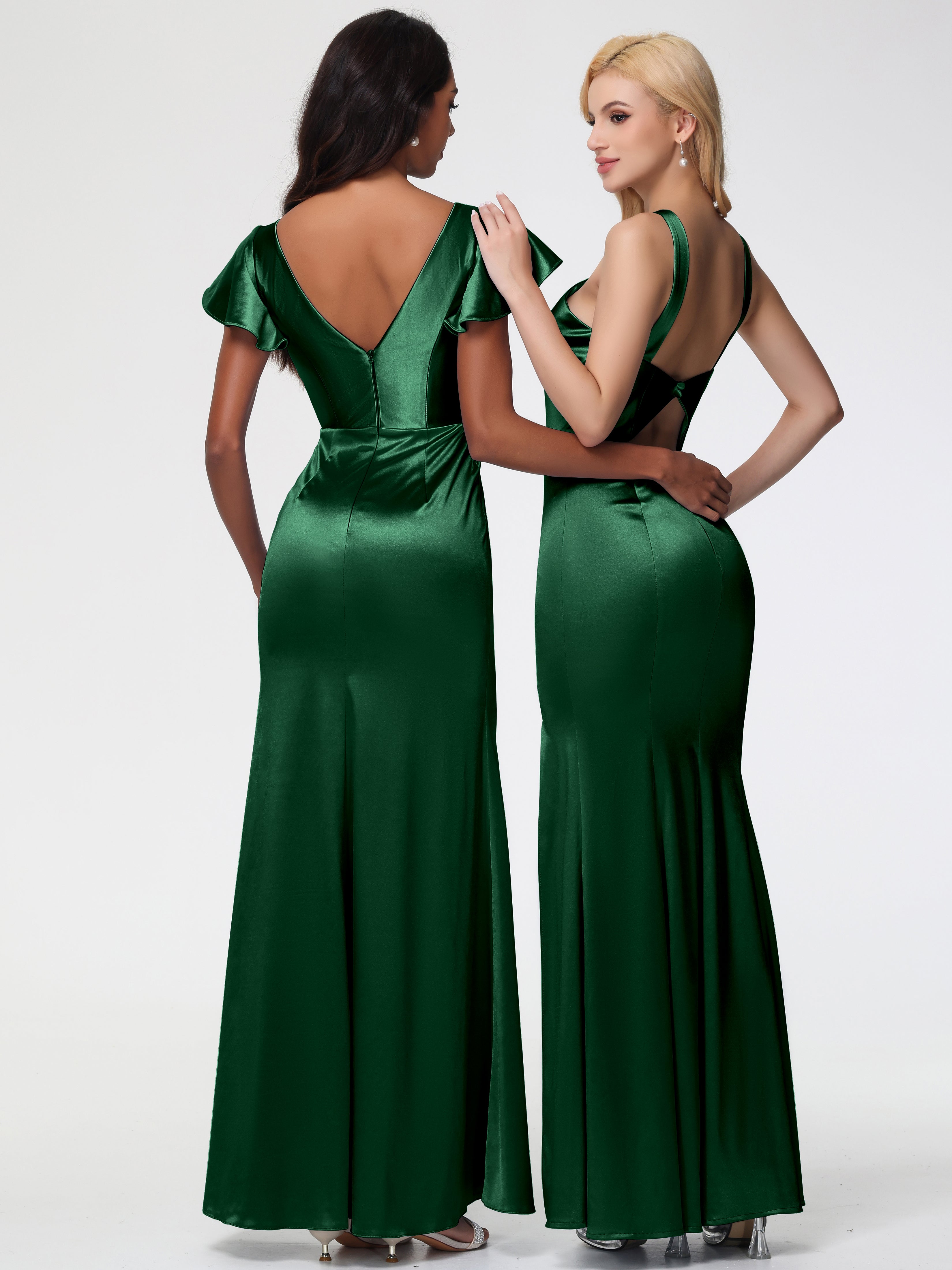 Robes De Demoiselle D'Honneur VERT FONCÉ Licou Satin Extensible Fendue Robe De Demoiselle D'Honneur