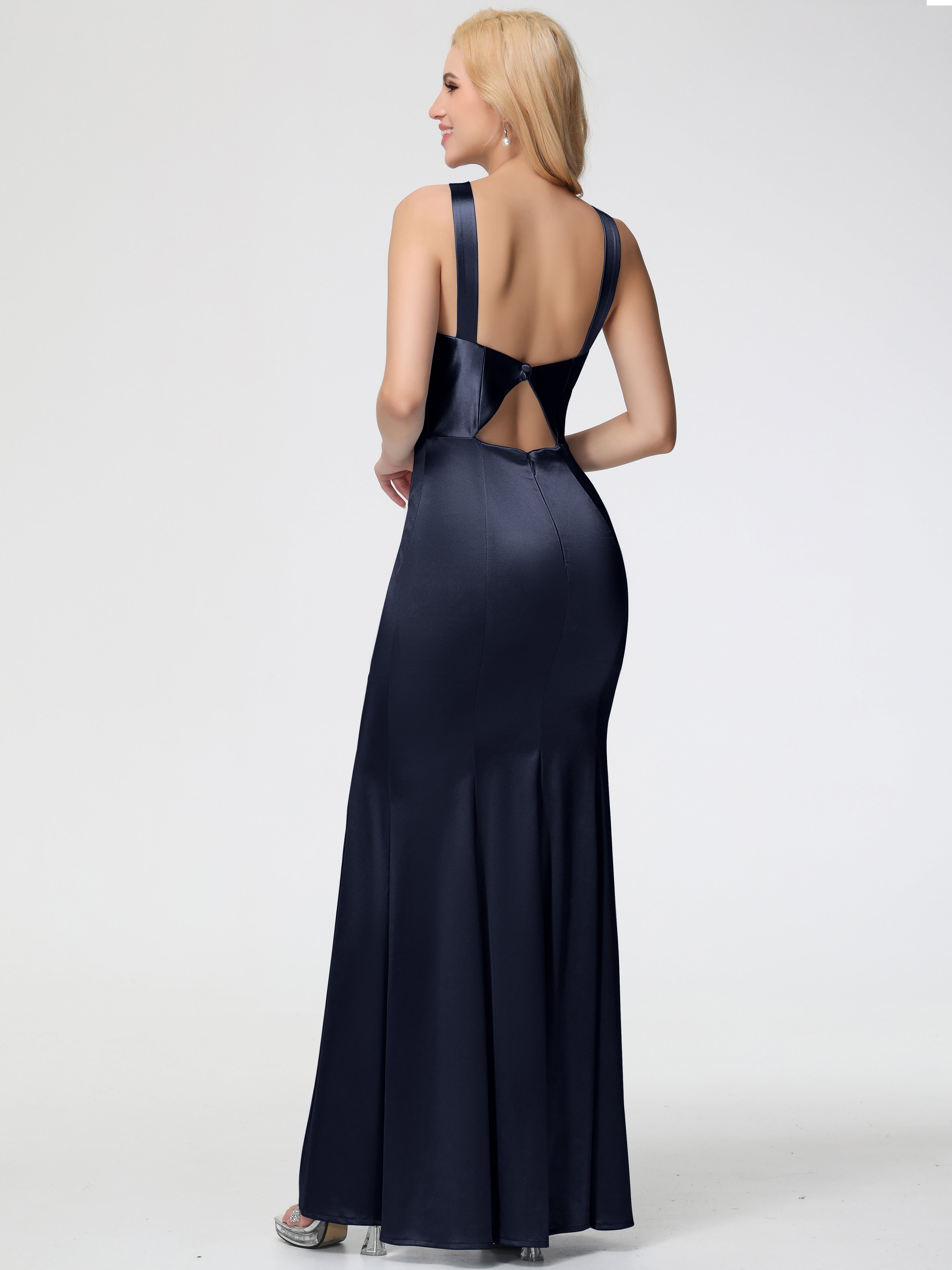 Robe Bleue Marine Demoiselle D Honneur Licou Satin Extensible Fendue Robe De Demoiselle D'Honneur