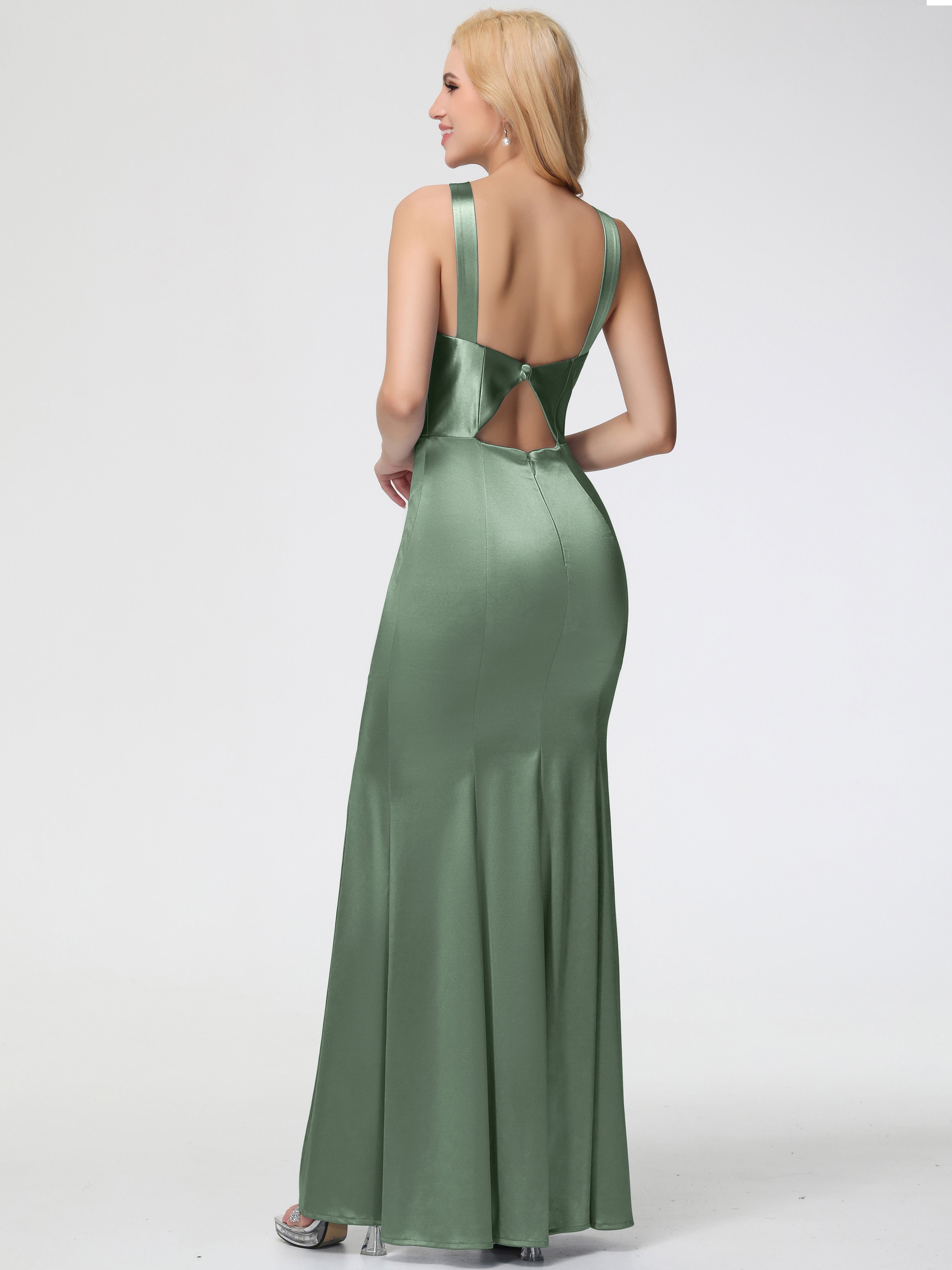 Toutes Les Robes De Demoiselle D'Honneur De Sauge Poussiéreuse Licou Satin Extensible Fendue Robe De Demoiselle D'Honneur