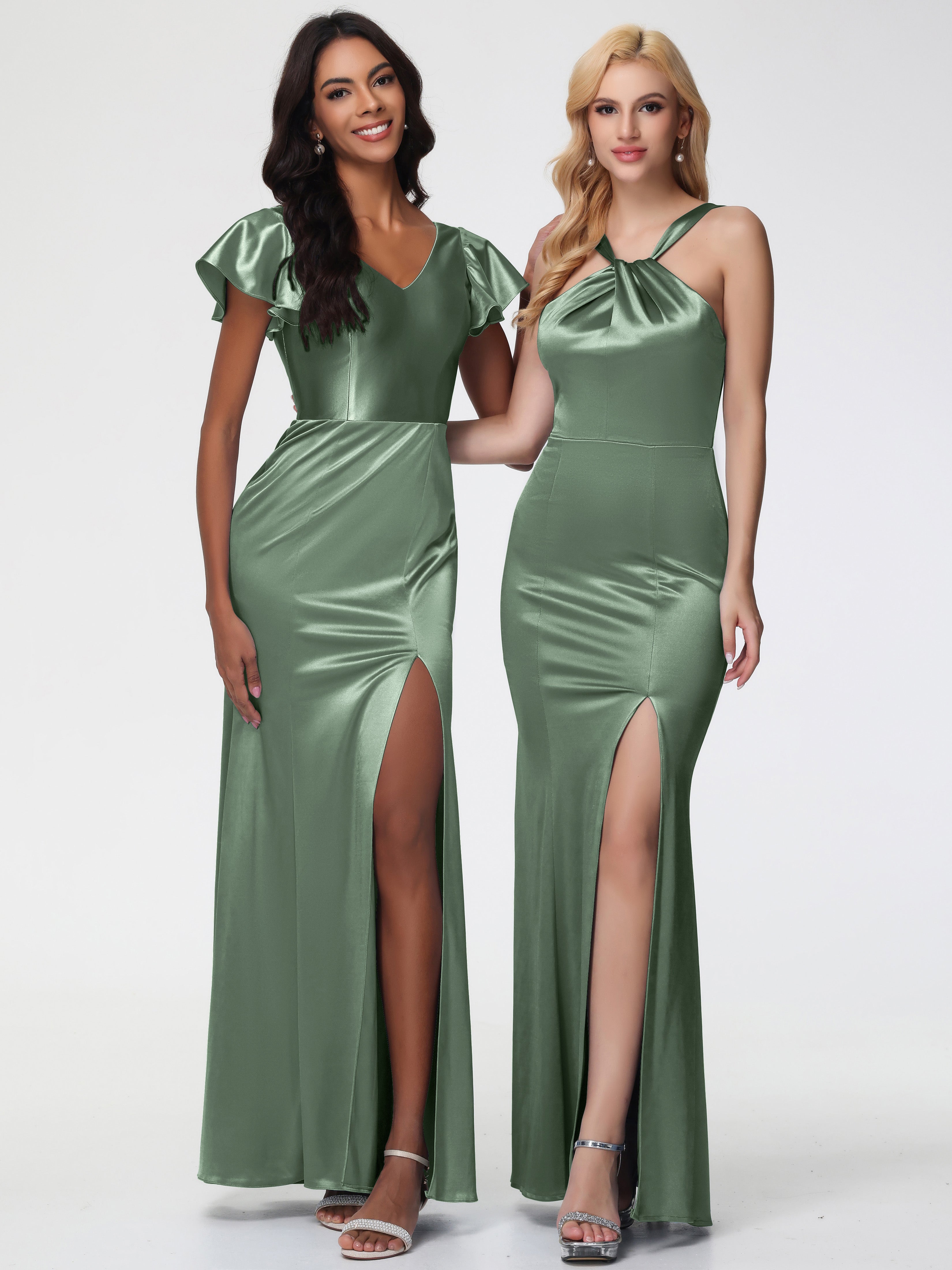 Toutes Les Robes De Demoiselle D'Honneur De Sauge Poussiéreuse Licou Satin Extensible Fendue Robe De Demoiselle D'Honneur