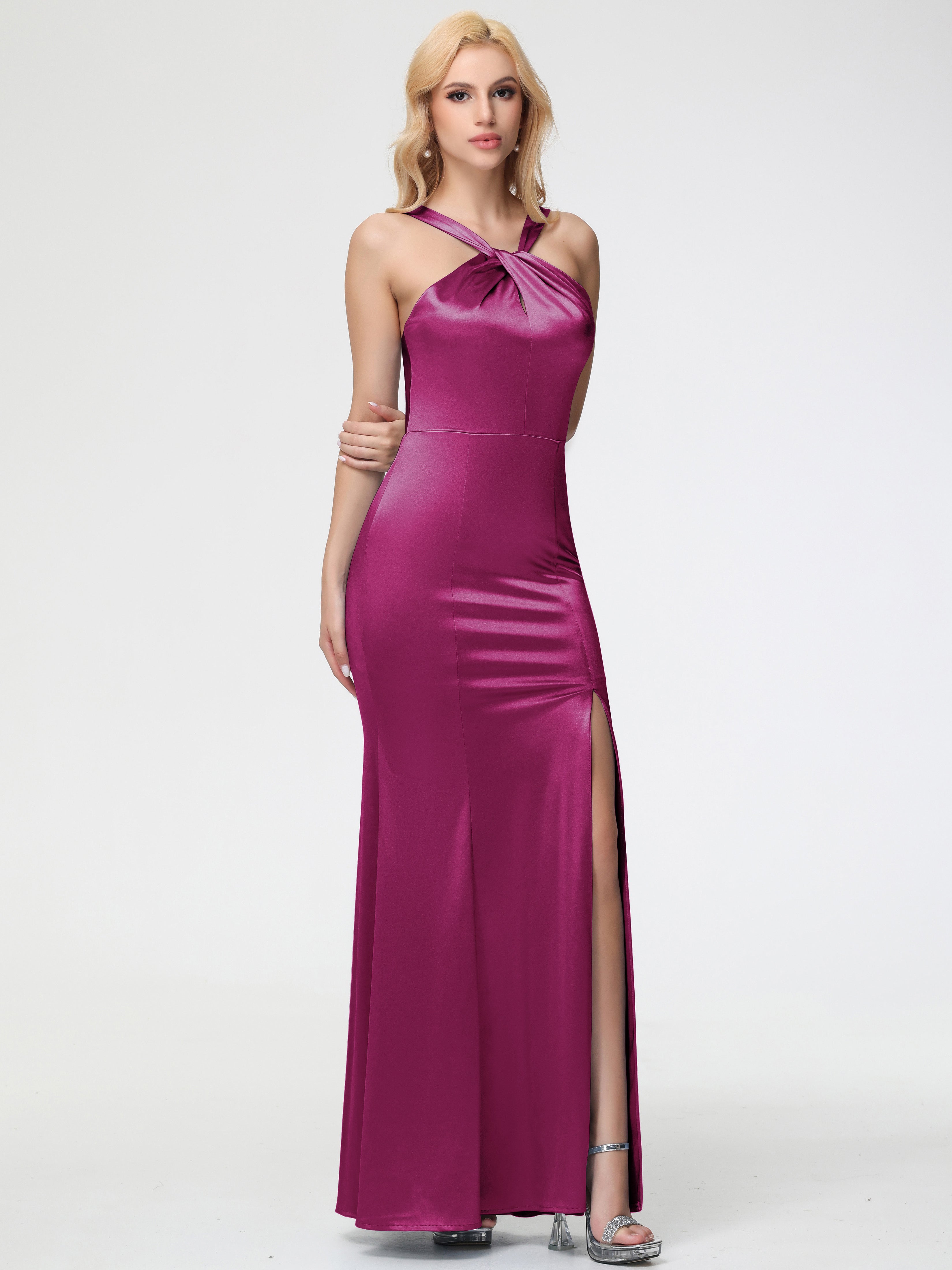 Robe Rose Fuchsia Demoiselle D Honneur Licou Satin Extensible Fendue Robe De Demoiselle D'Honneur