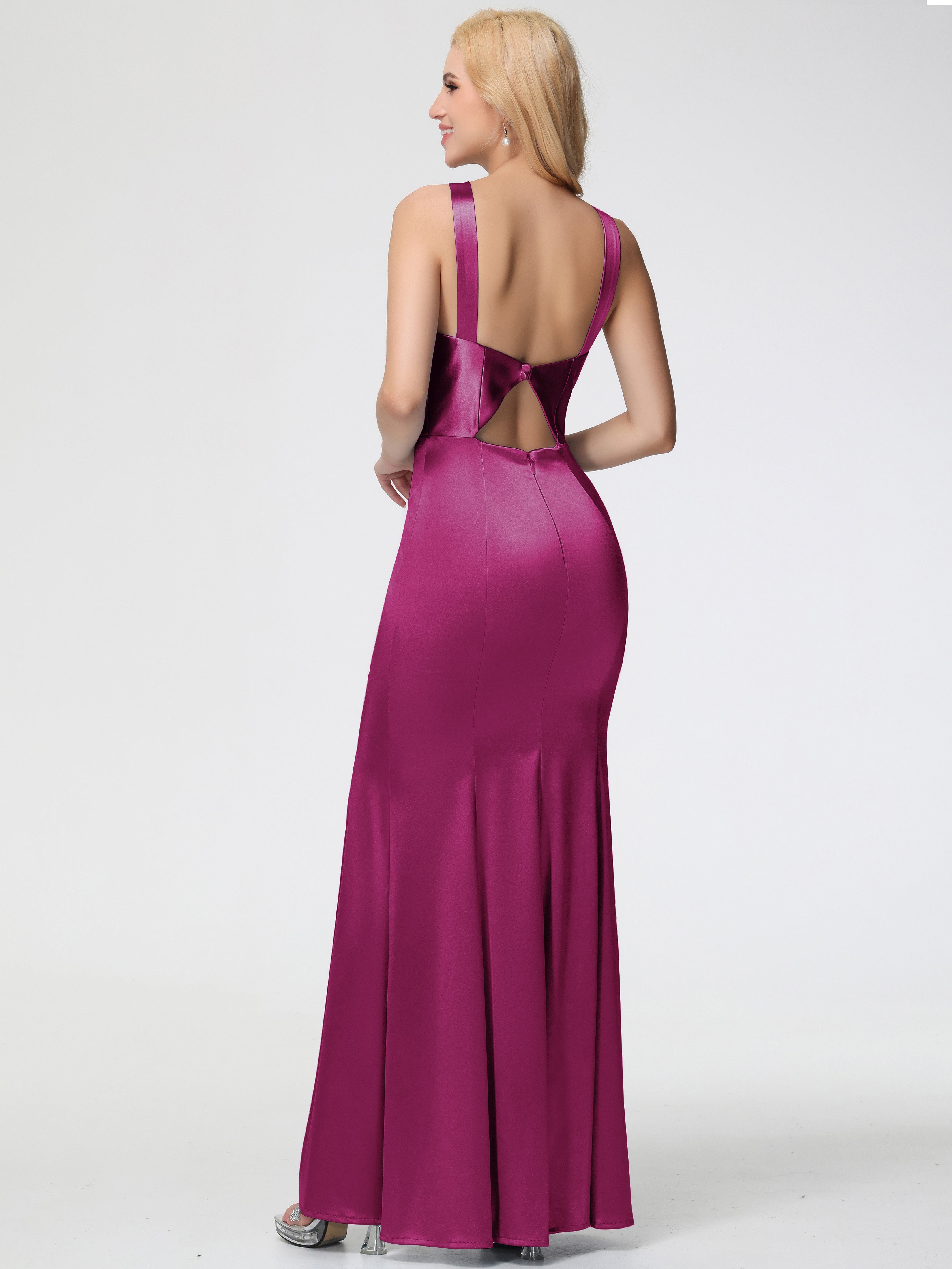 Robe Rose Fuchsia Demoiselle D Honneur Licou Satin Extensible Fendue Robe De Demoiselle D'Honneur