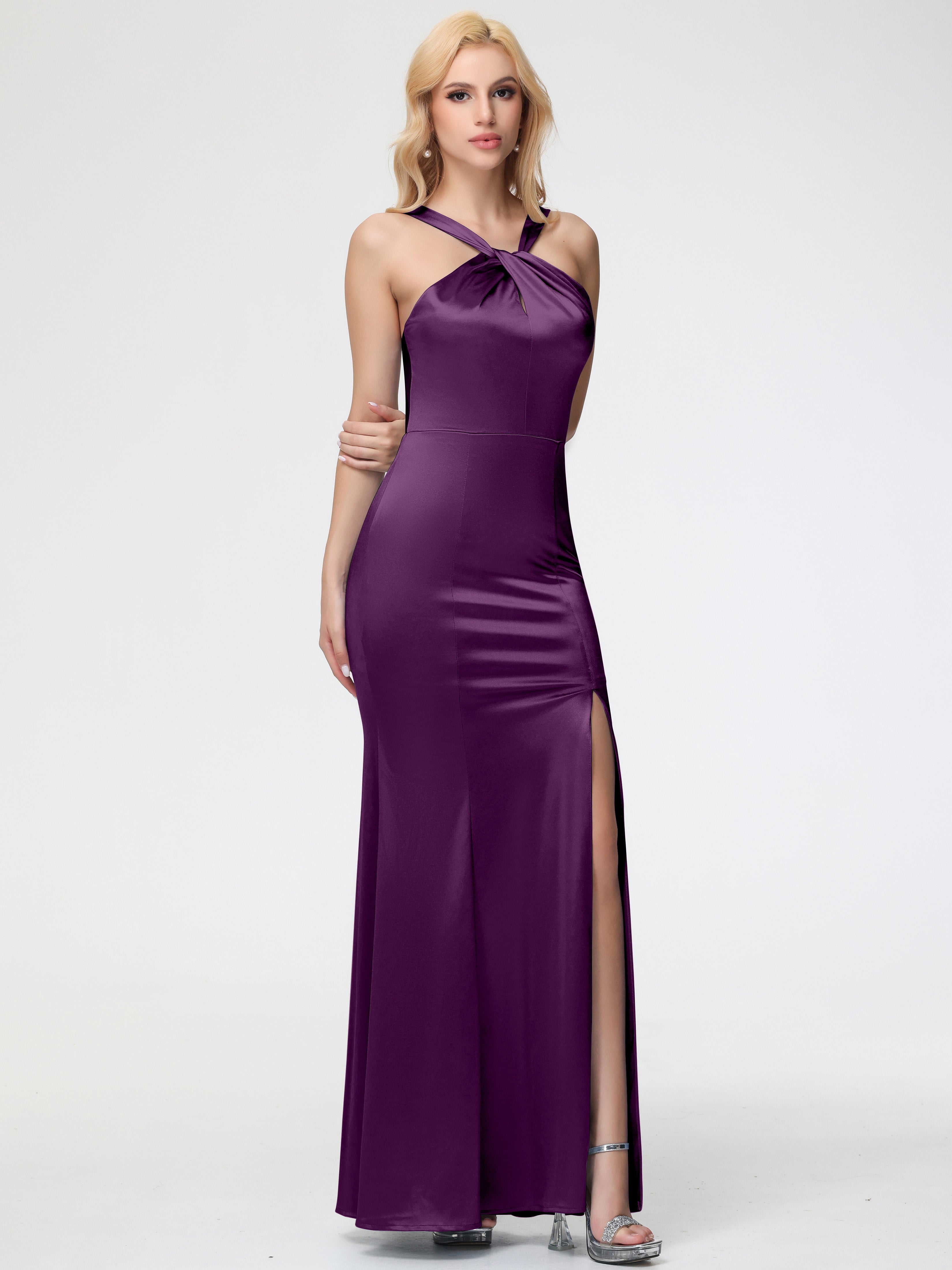 Robes De Demoiselle D'Honneur Raisin Licou Satin Extensible Fendue Robe De Demoiselle D'Honneur