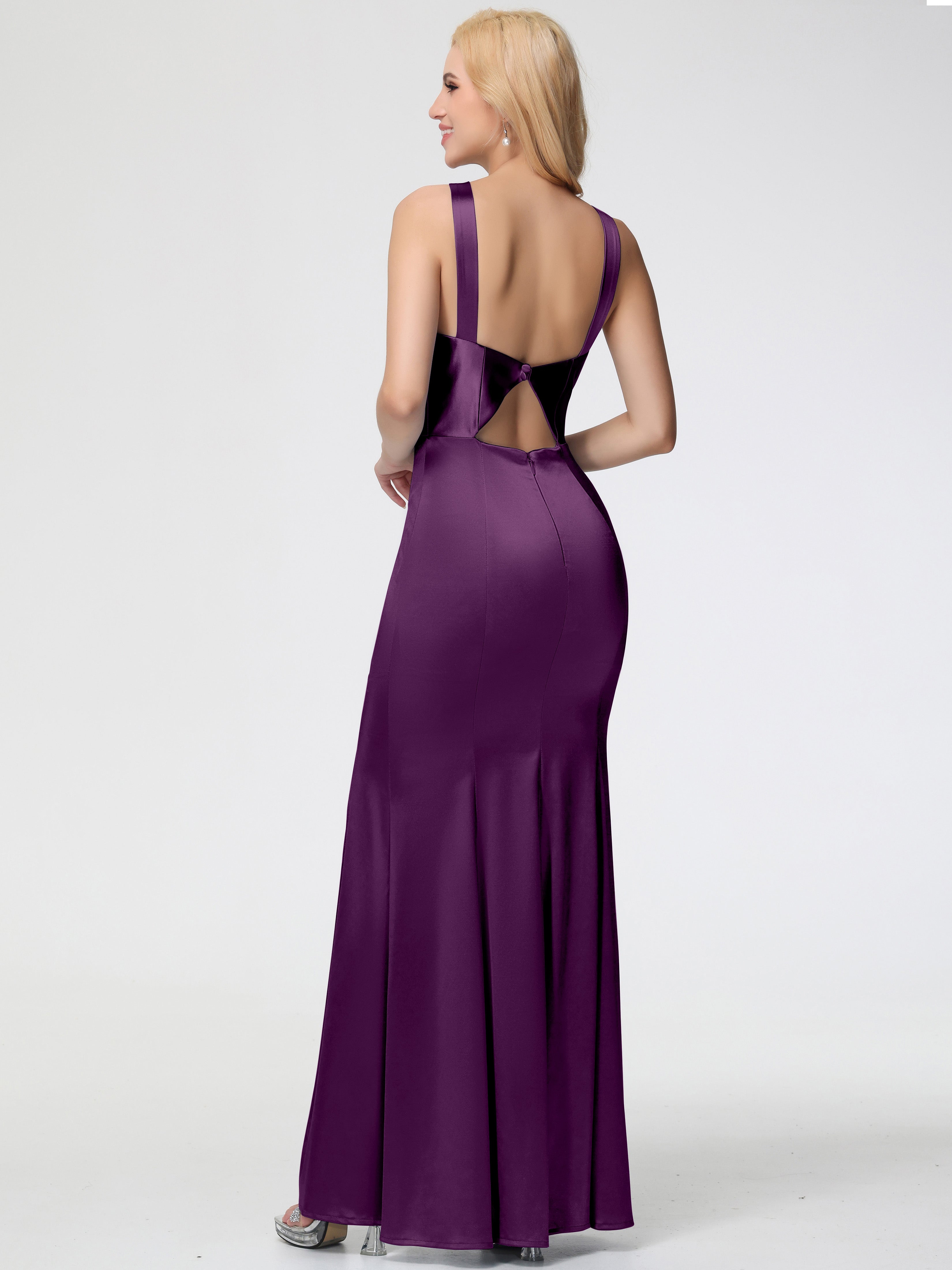 Robes De Demoiselle D'Honneur Raisin Licou Satin Extensible Fendue Robe De Demoiselle D'Honneur