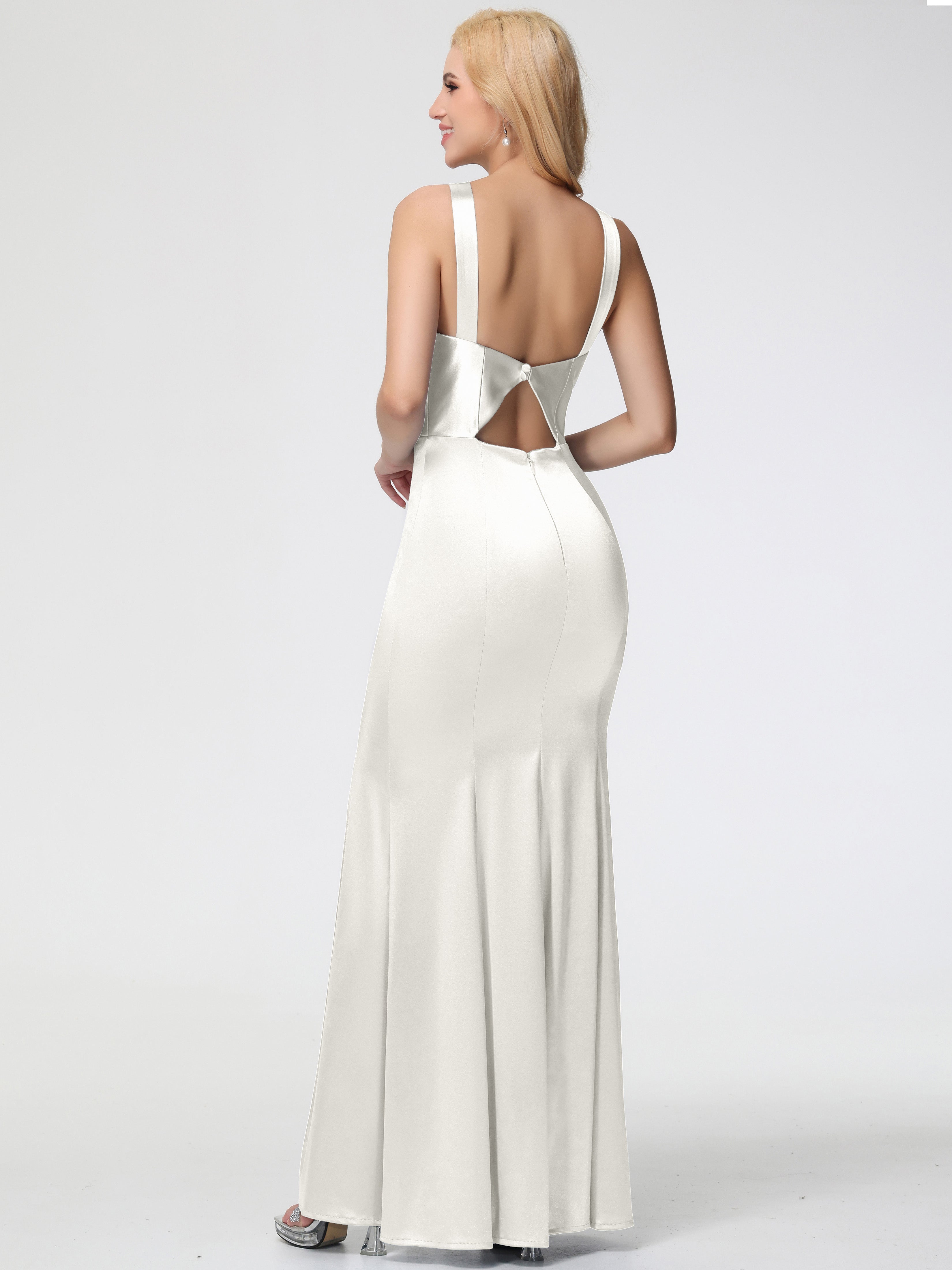 Robe De Demoiselle D Honneur Ivoire Licou Satin Extensible Fendue Robe De Demoiselle D'Honneur