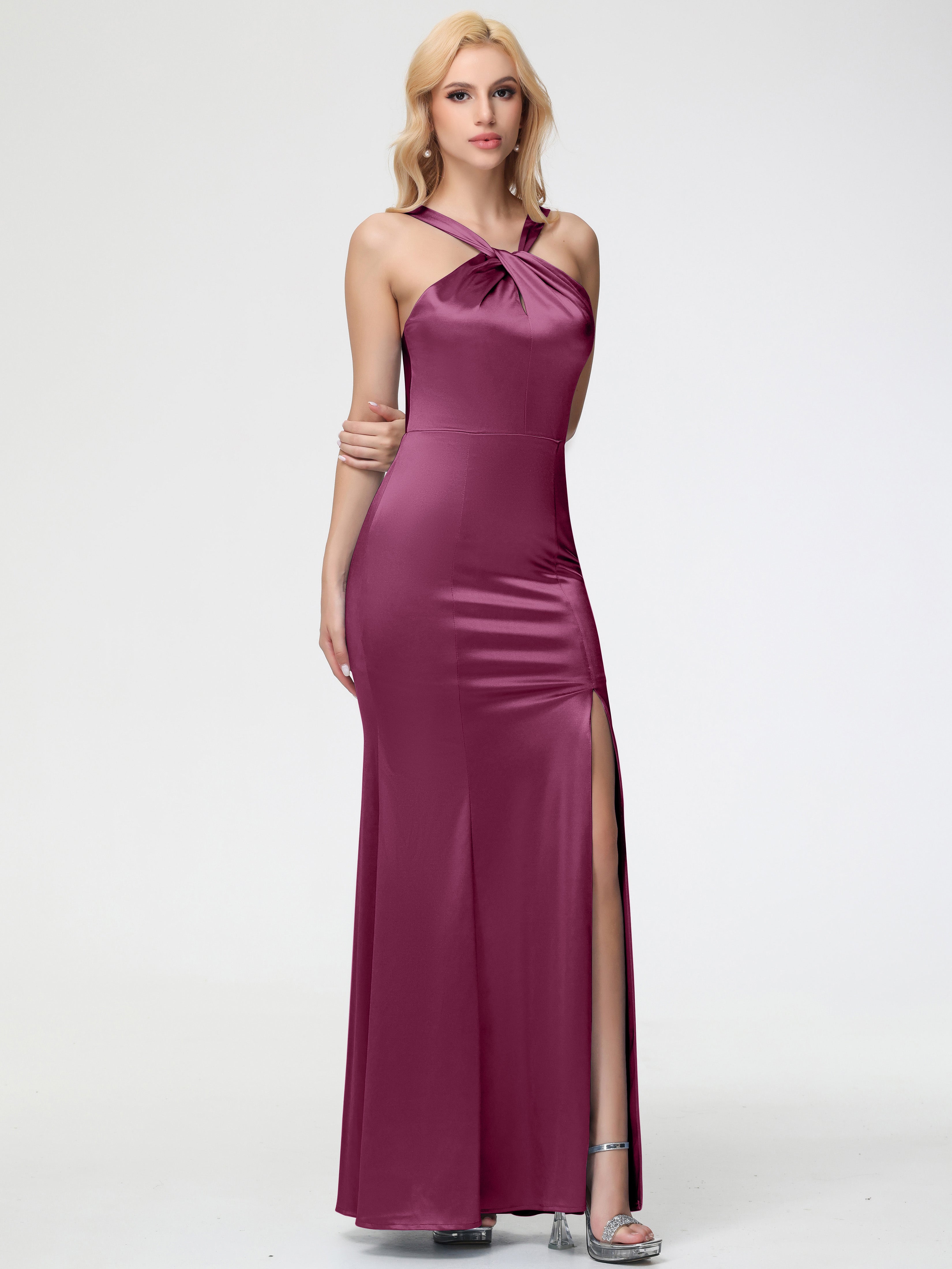 Robes De Demoiselle D'Honneur Mure Licou Satin Extensible Fendue Robe De Demoiselle D'Honneur