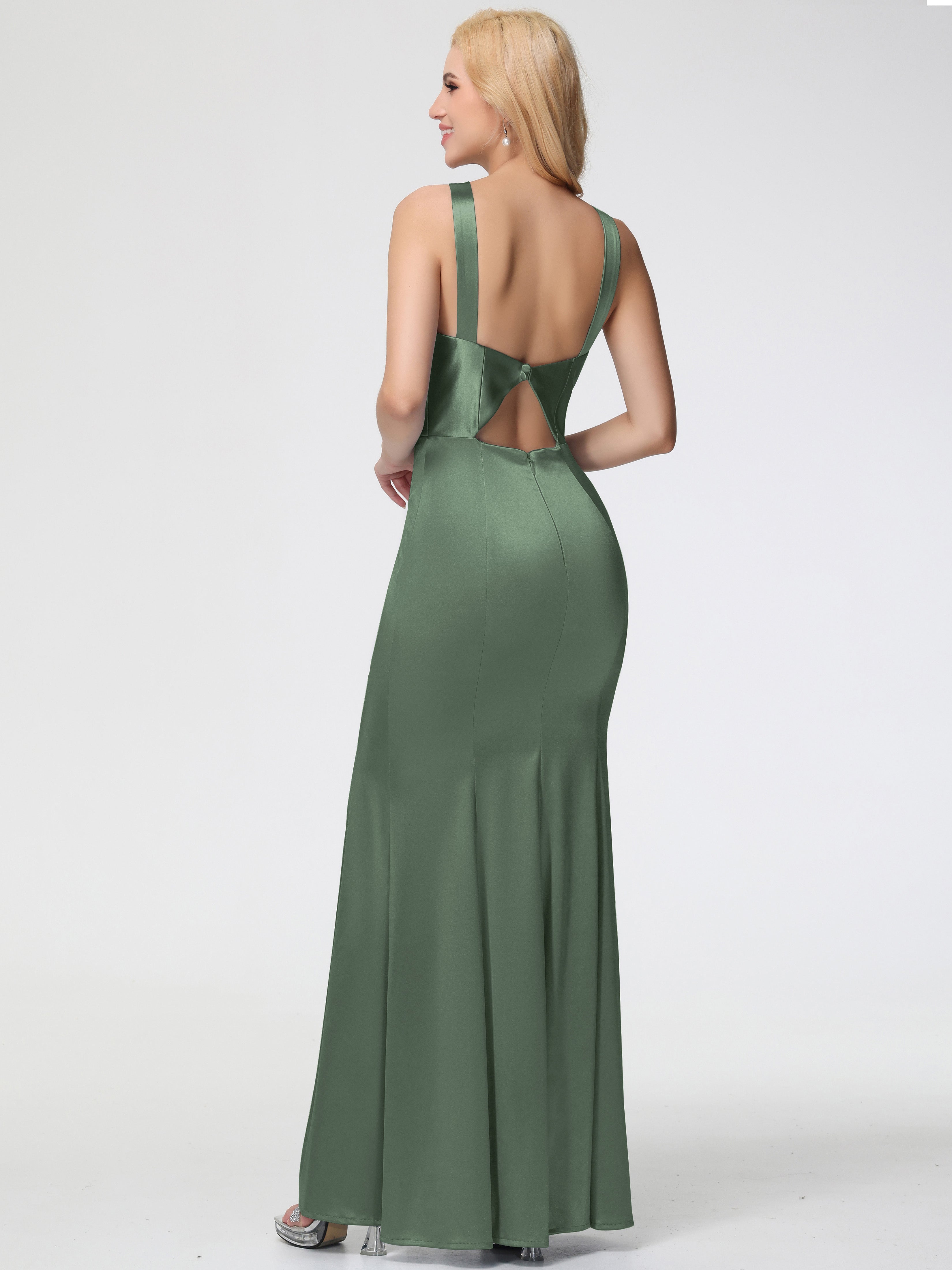 Robe Demoiselle D Honneur Vert Olive Licou Satin Extensible Fendue Robe De Demoiselle D'Honneur