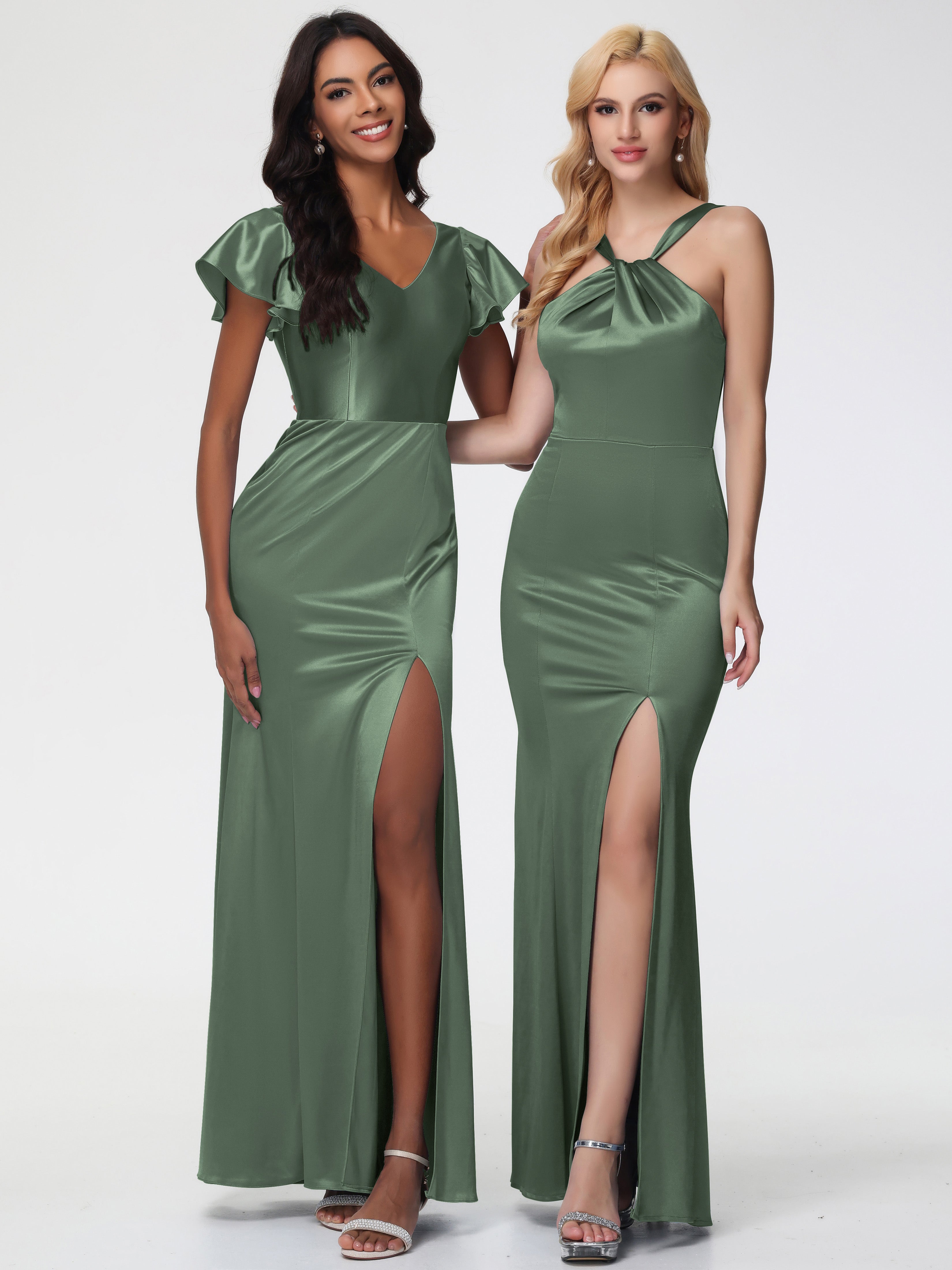 Robe Demoiselle D Honneur Vert Olive Licou Satin Extensible Fendue Robe De Demoiselle D'Honneur