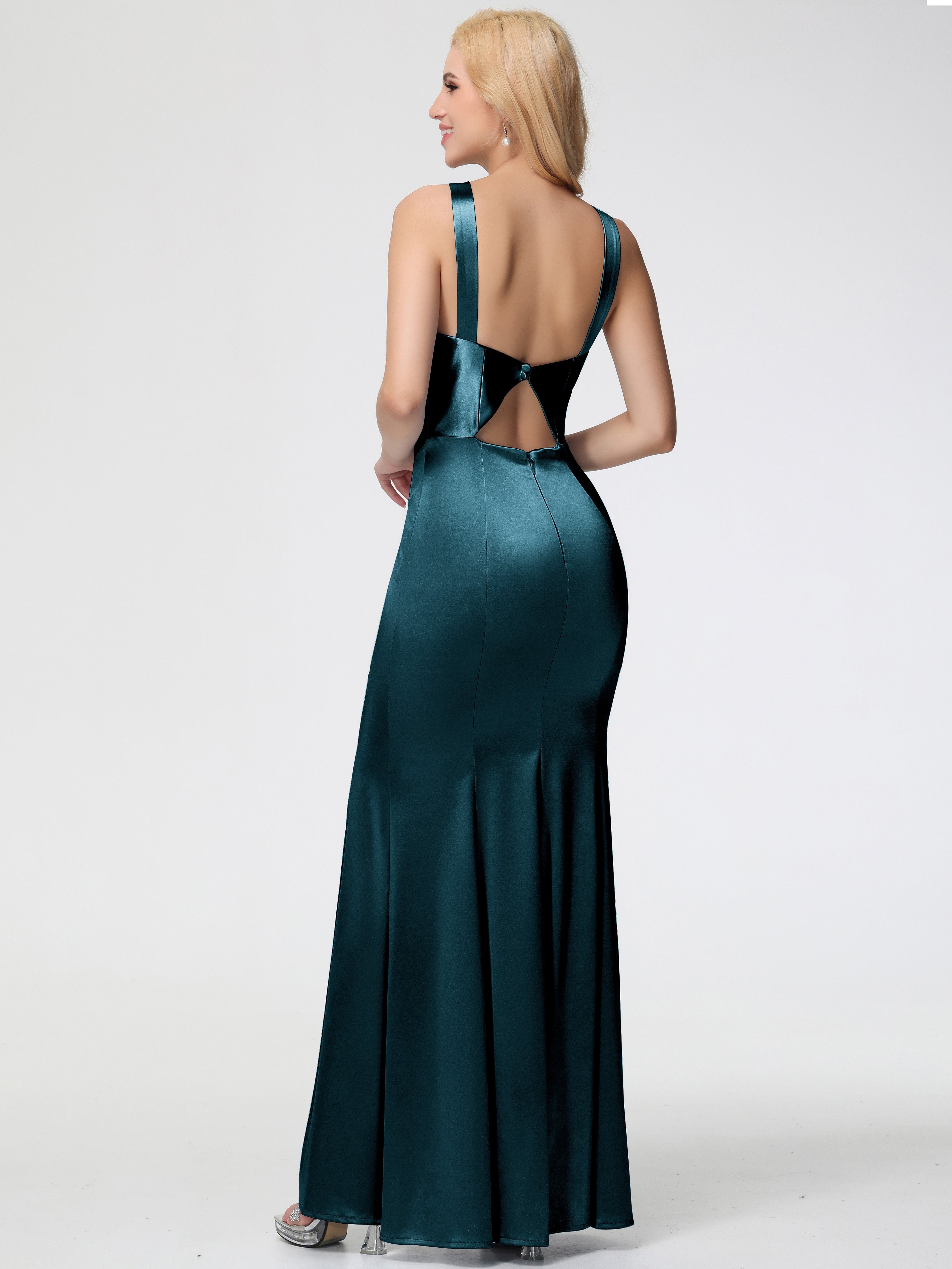 Robes De Demoiselle D'Honneur De Paon Licou Satin Extensible Fendue Robe De Demoiselle D'Honneur