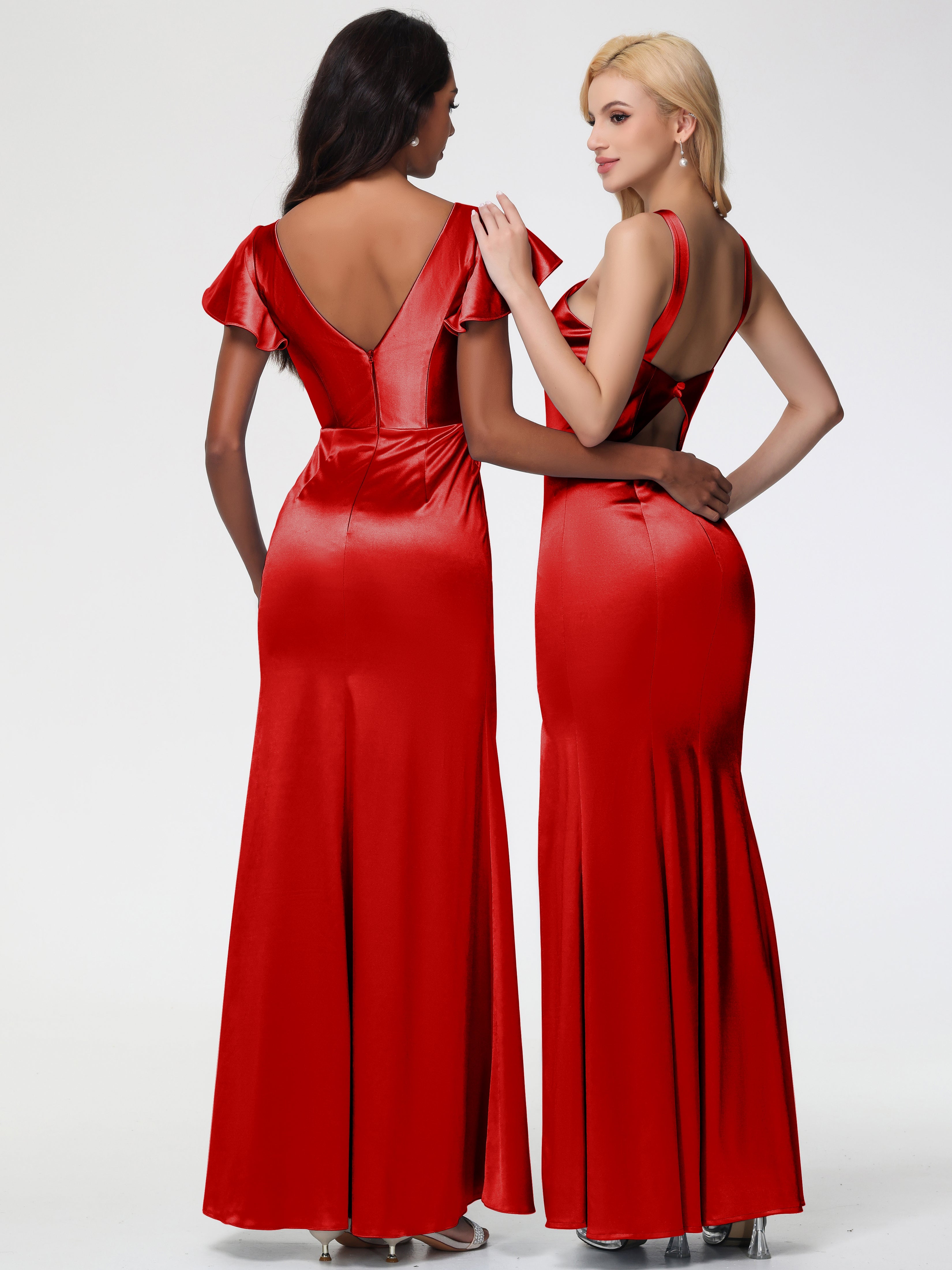 Mariage Robe Demoiselle D Honneur Rouge Licou Satin Extensible Fendue Robe De Demoiselle D'Honneur