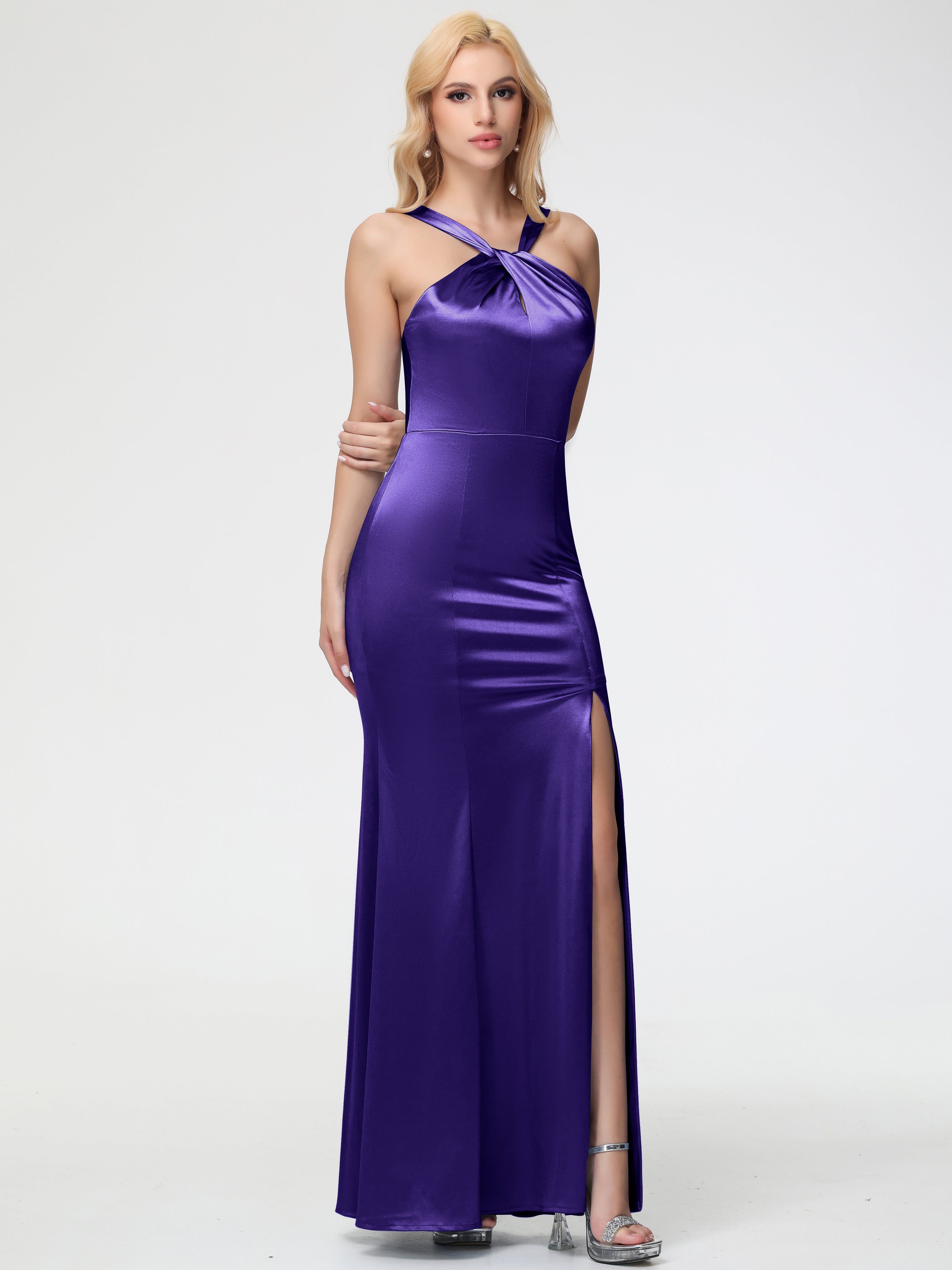 Robes De Demoiselle D'Honneur En Régence Licou Satin Extensible Fendue Robe De Demoiselle D'Honneur