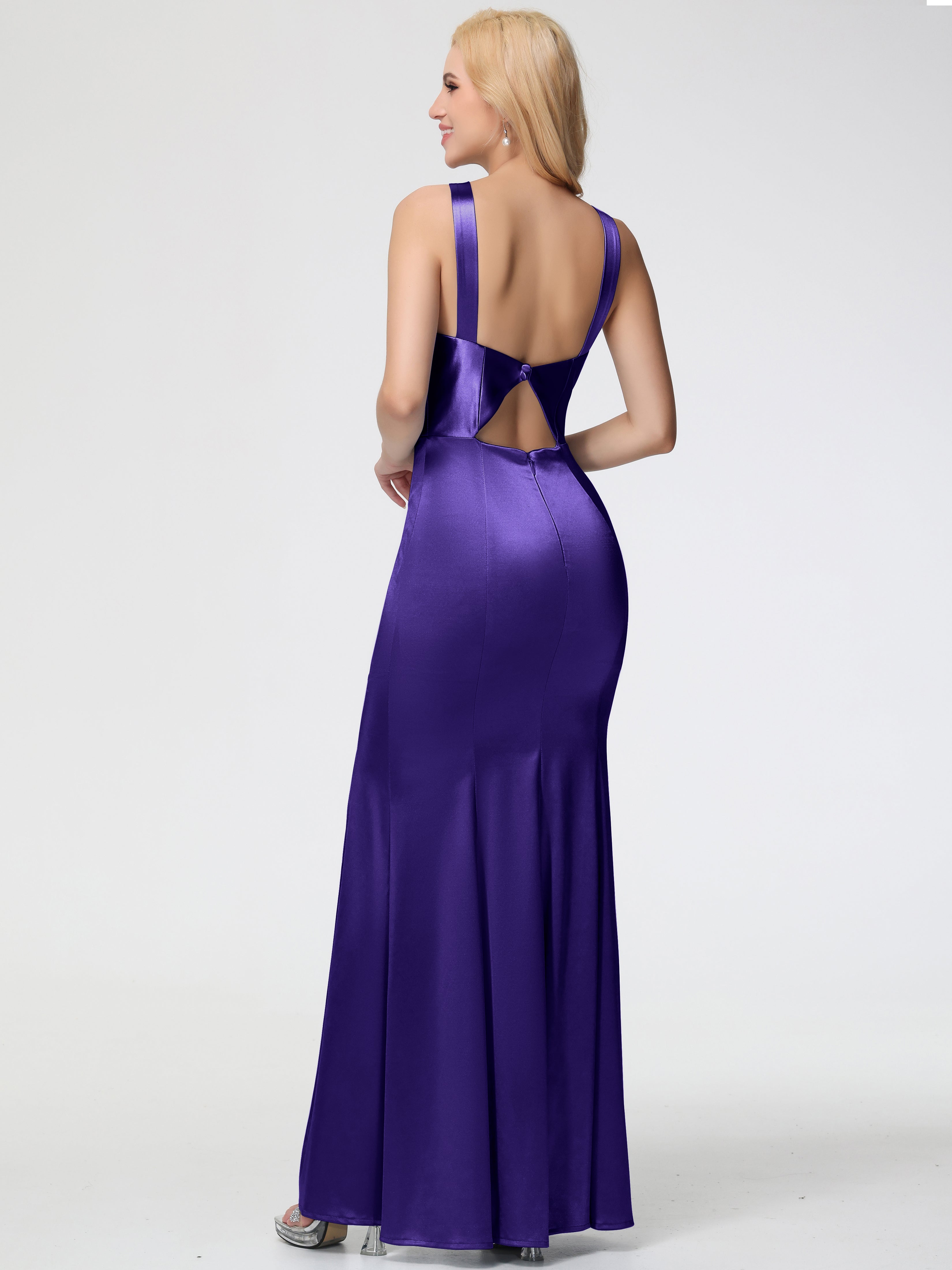 Robes De Demoiselle D'Honneur En Régence Licou Satin Extensible Fendue Robe De Demoiselle D'Honneur