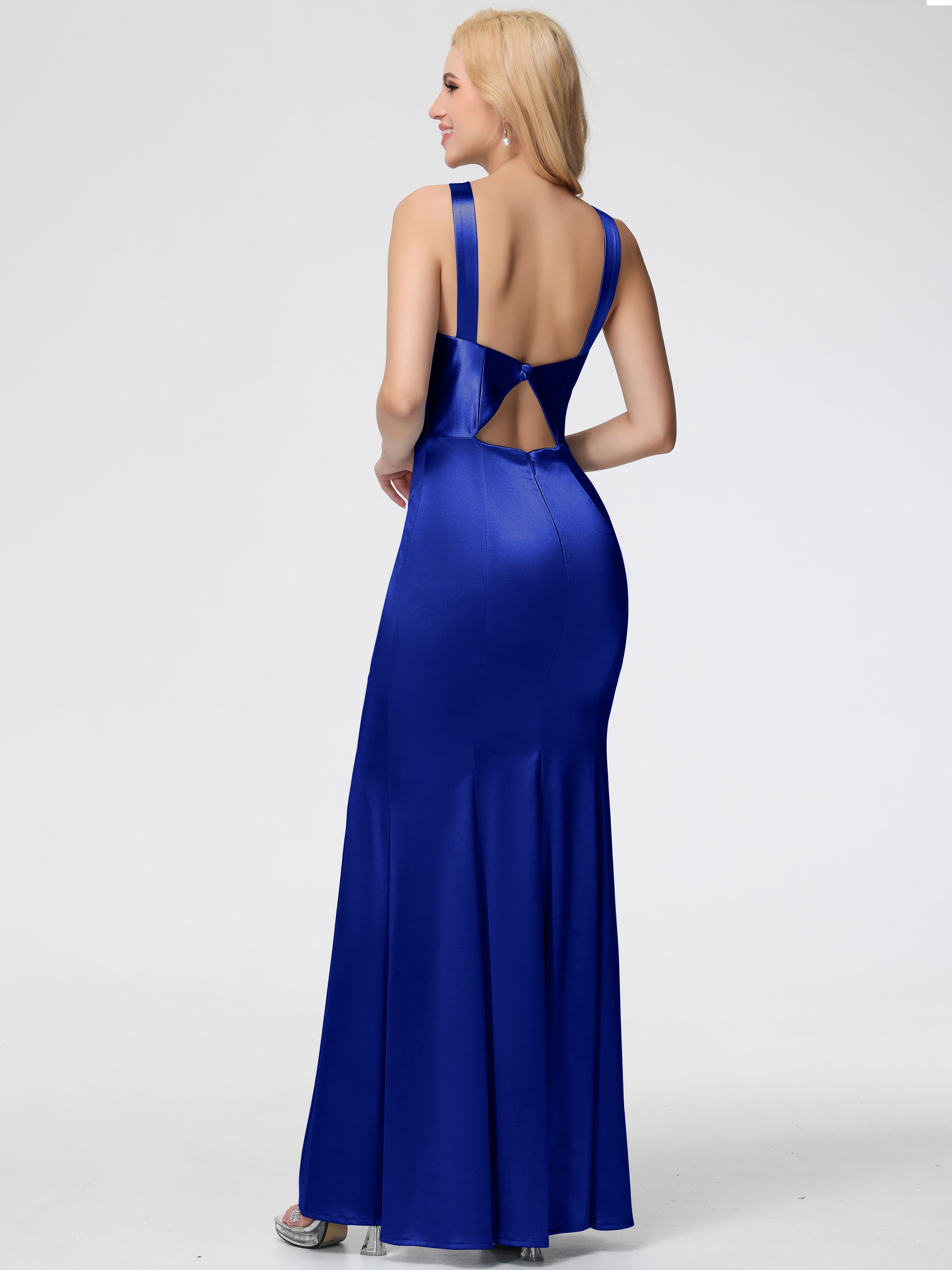 Bleu Royal Robe Demoiselle D Honneur Bleu Roi Licou Satin Extensible Fendue Robe De Demoiselle D'Honneur