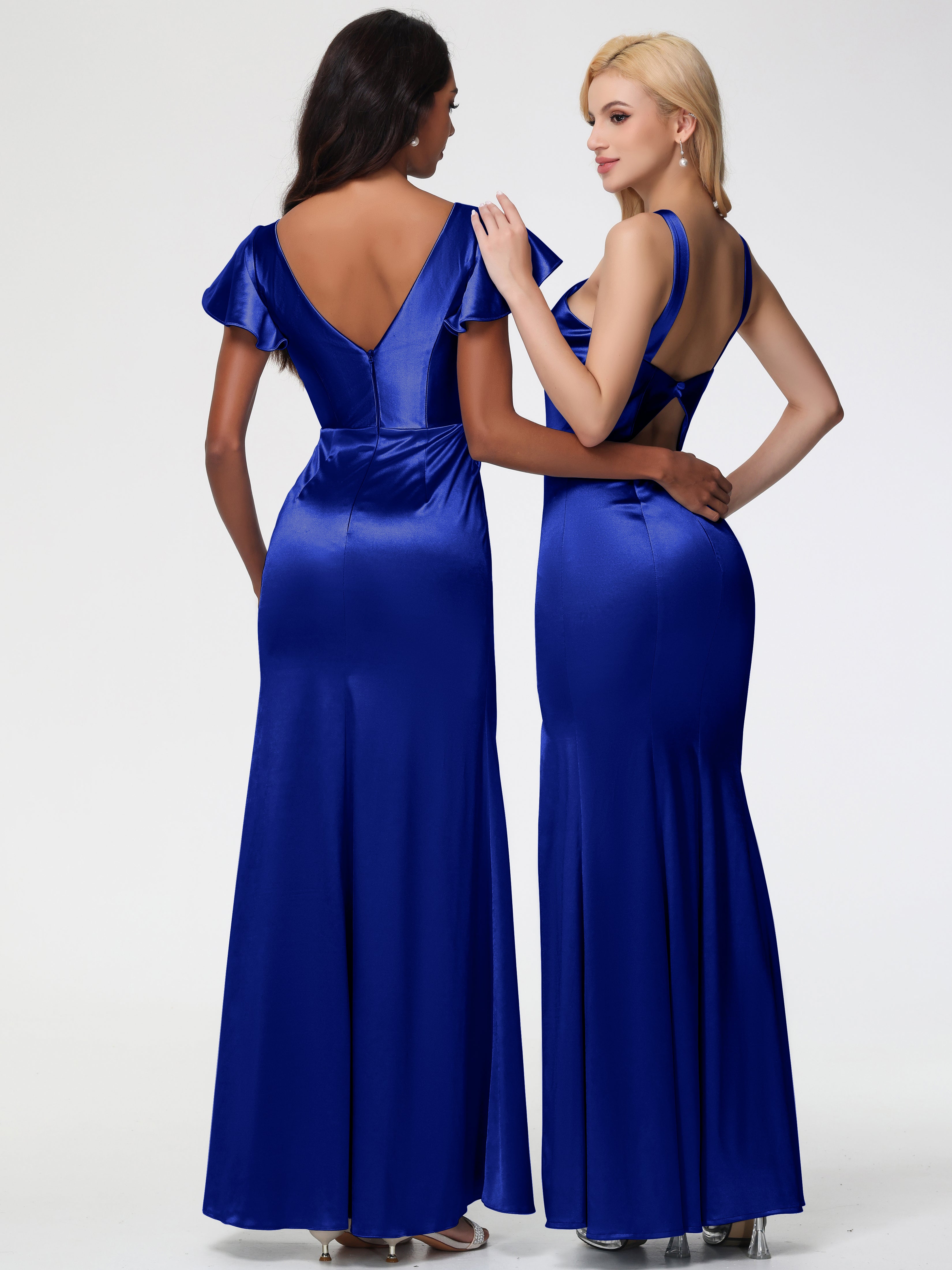 Bleu Royal Robe Demoiselle D Honneur Bleu Roi Licou Satin Extensible Fendue Robe De Demoiselle D'Honneur