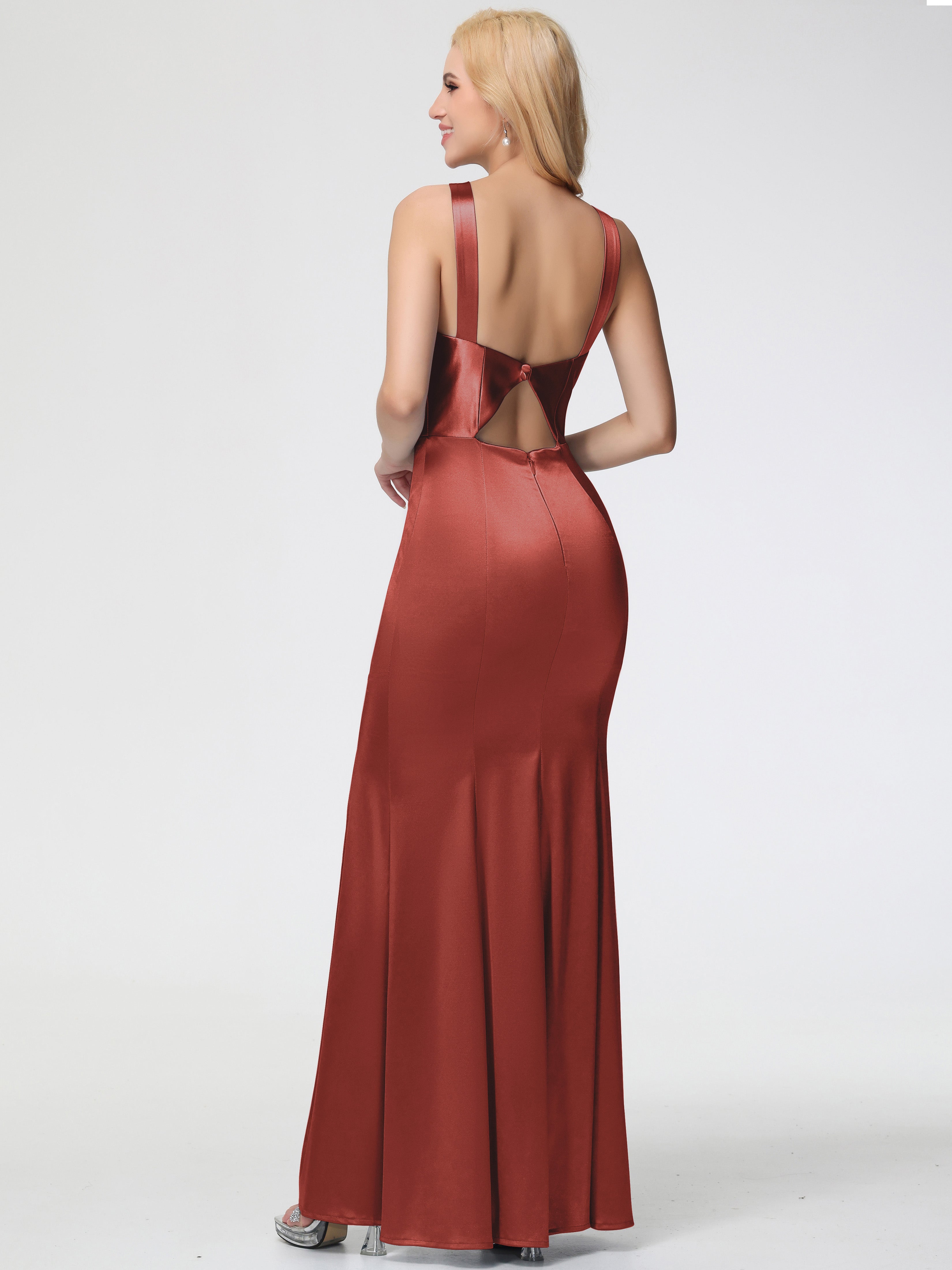 Robes De Demoiselle D'Honneur Couleur Rouille Bon Marché Licou Satin Extensible Fendue Robe De Demoiselle D'Honneur