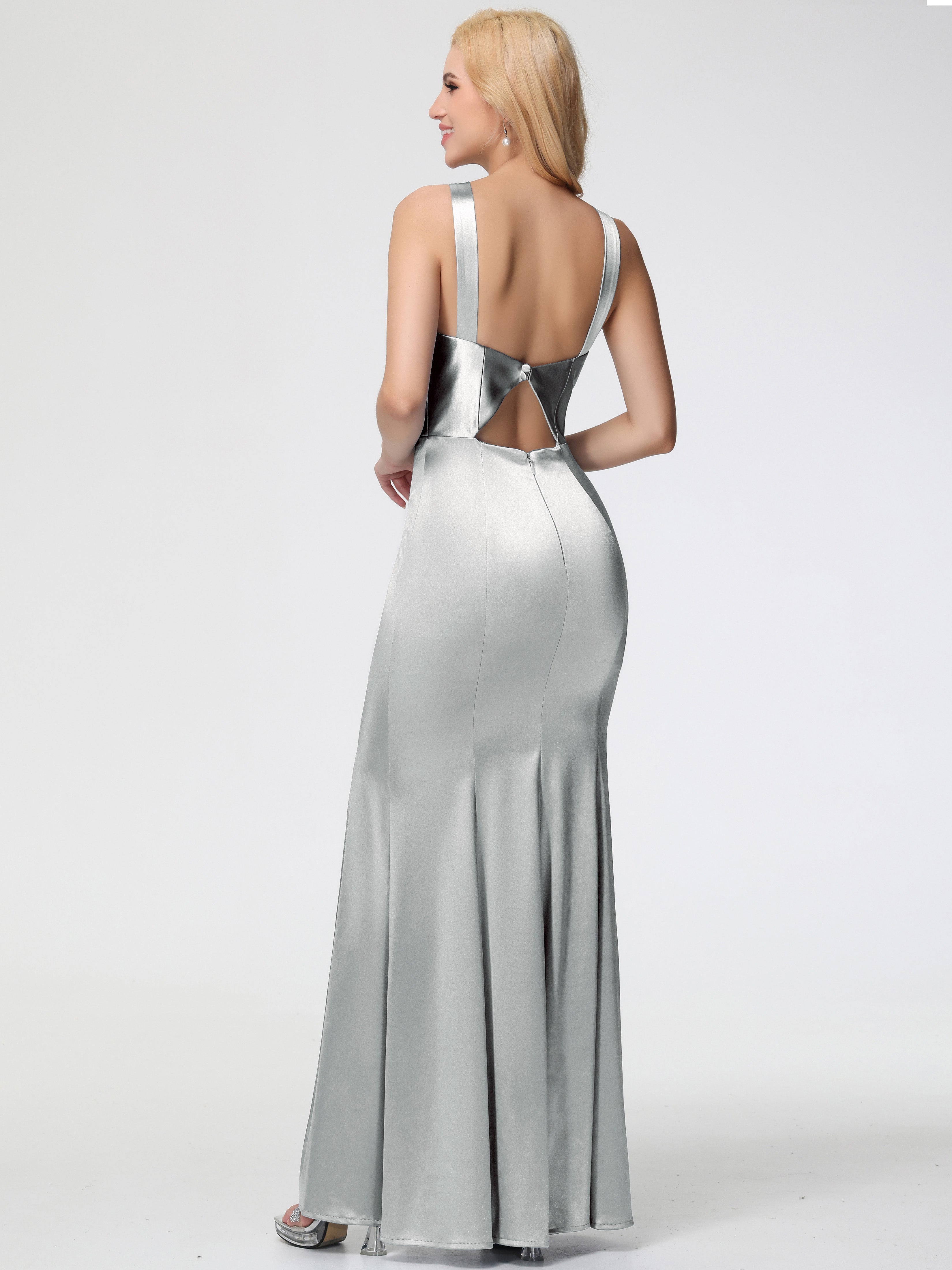 Robe Argentée Demoiselle D Honneur Licou Satin Extensible Fendue Robe De Demoiselle D'Honneur