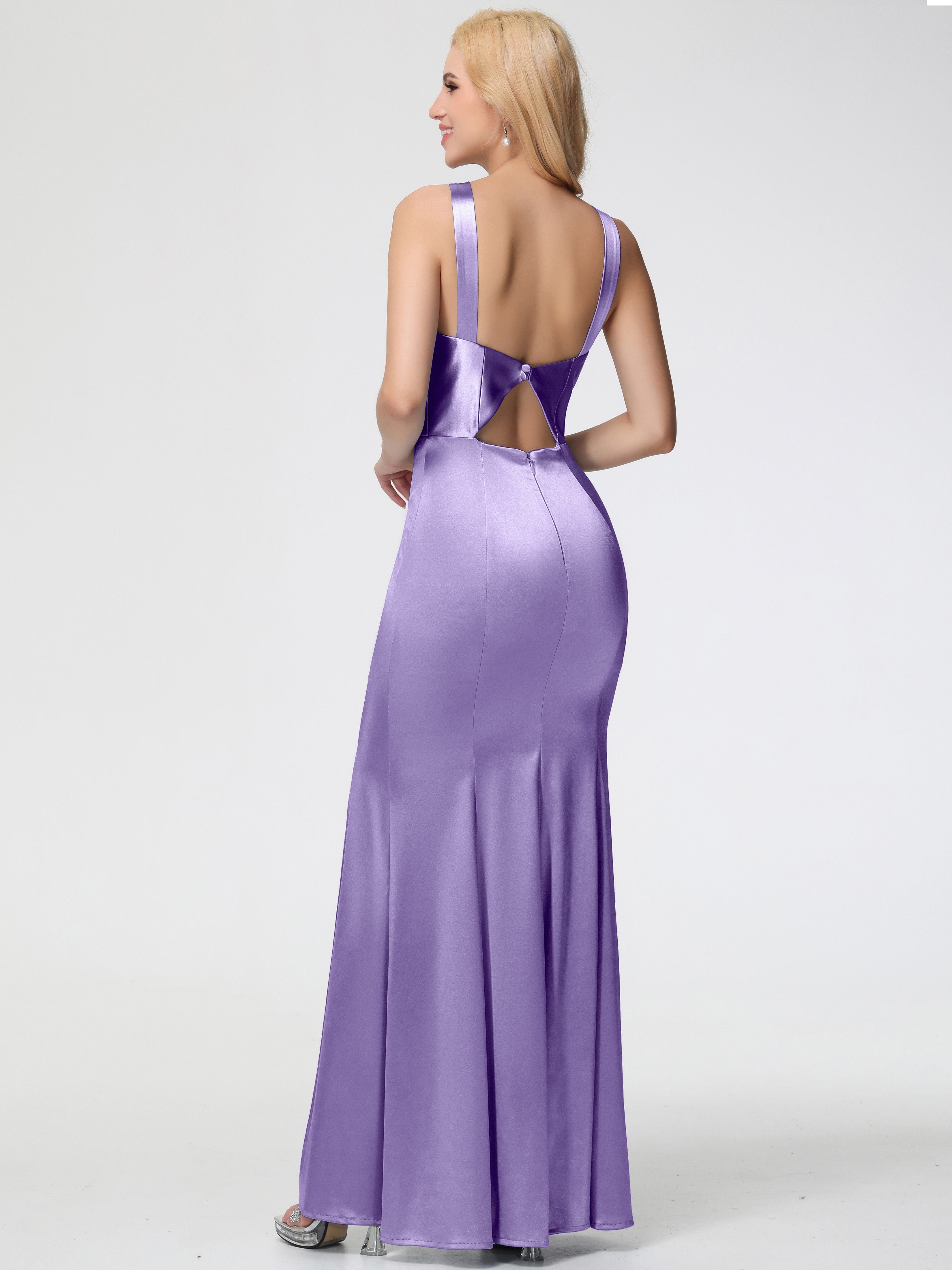 Robes De Demoiselle D'Honneur Tahiti Licou Satin Extensible Fendue Robe De Demoiselle D'Honneur